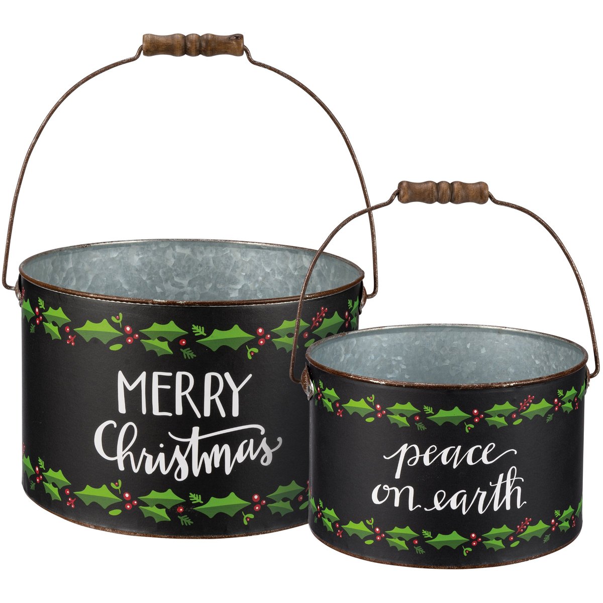 Festive Galvanized Metal Christmas Buckets Set with Holly & Holiday Sentiments