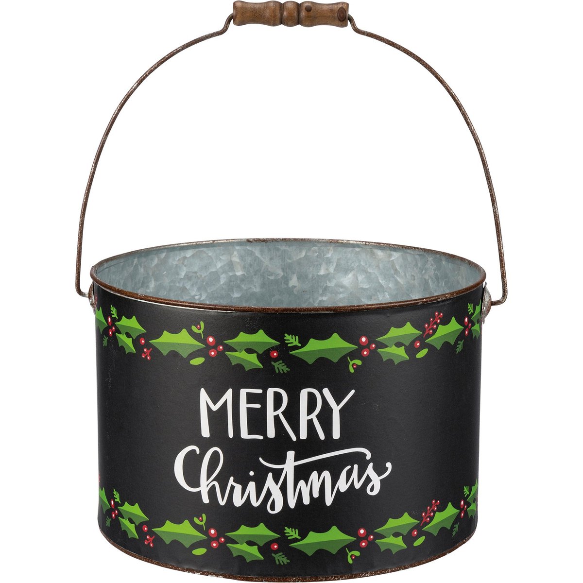 Festive Galvanized Metal Christmas Buckets Set with Holly & Holiday Sentiments