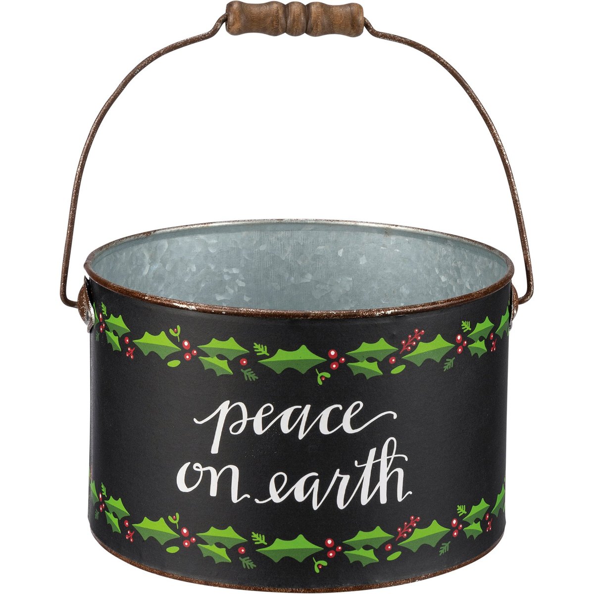 Festive Galvanized Metal Christmas Buckets Set with Holly & Holiday Sentiments