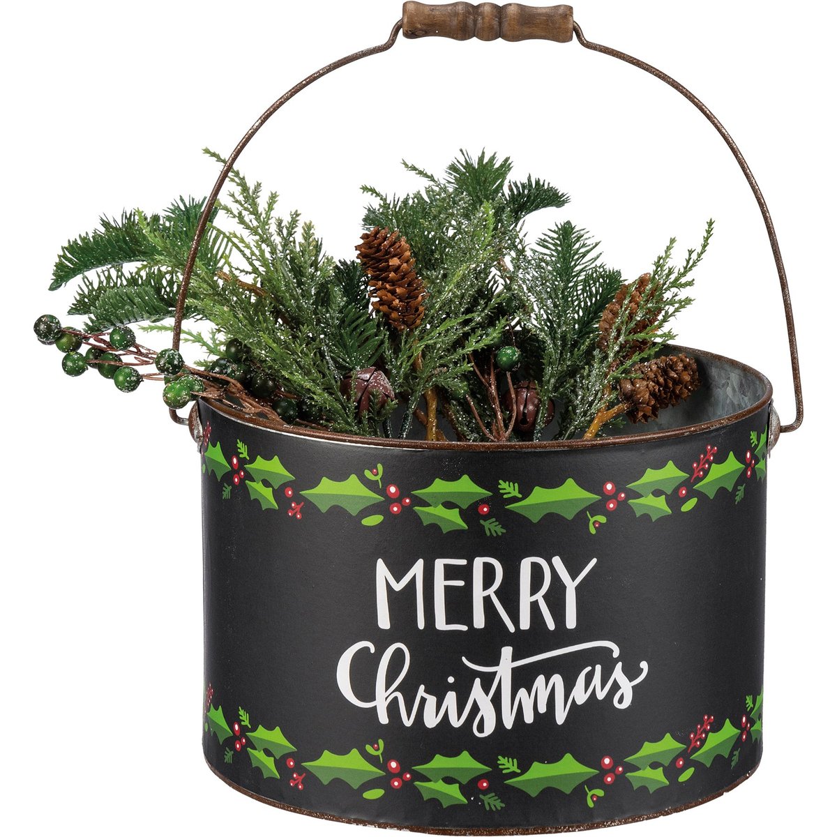 Festive Galvanized Metal Christmas Buckets Set with Holly & Holiday Sentiments