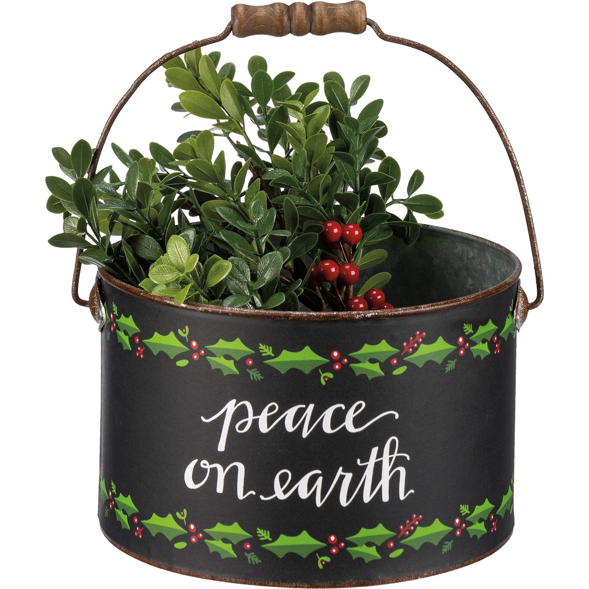 Festive Galvanized Metal Christmas Buckets Set with Holly & Holiday Sentiments