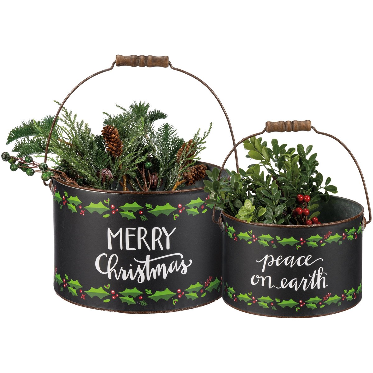 Festive Galvanized Metal Christmas Buckets Set with Holly & Holiday Sentiments