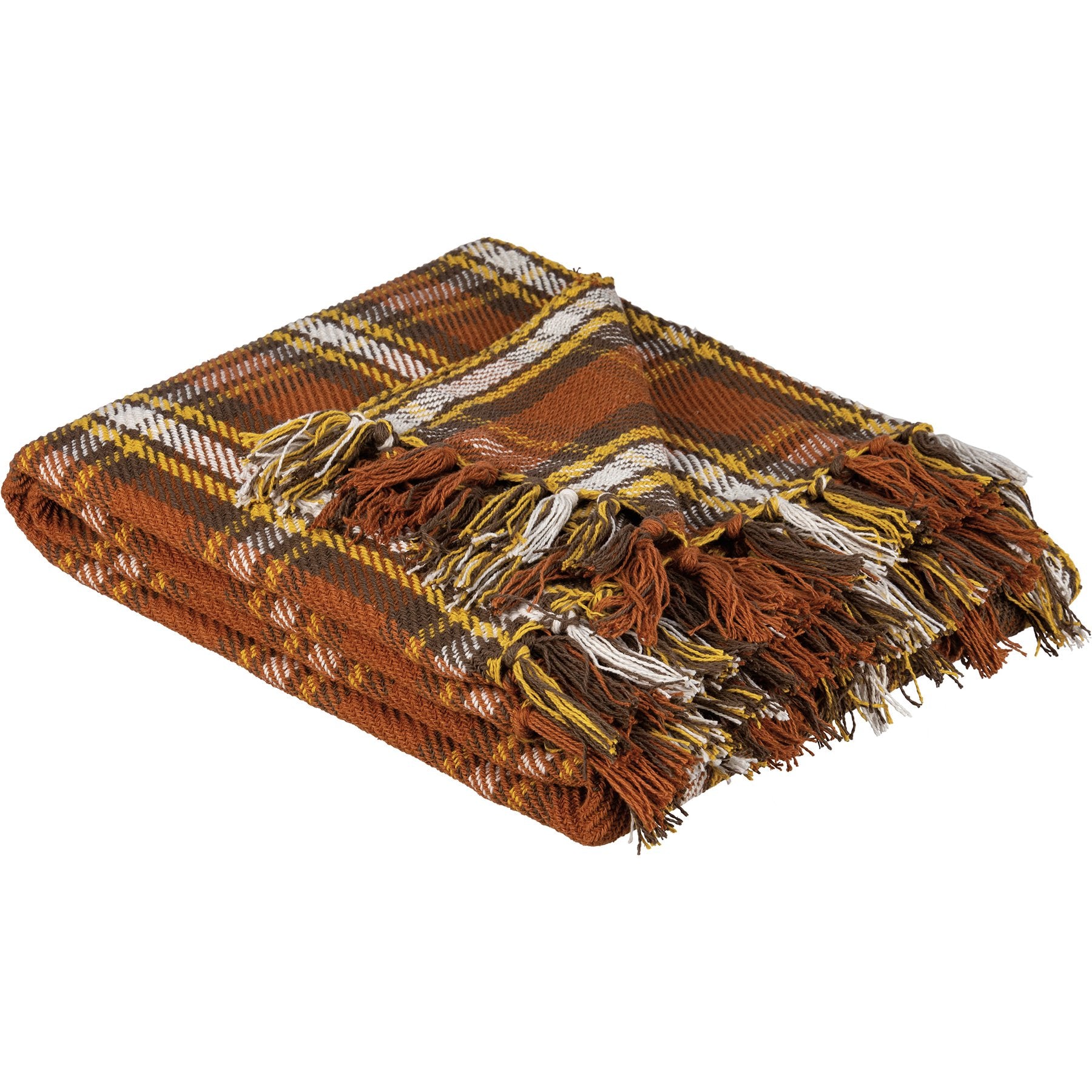 Cozy Fall Plaid Cotton Throw Blanket with Decorative Fringe Accents