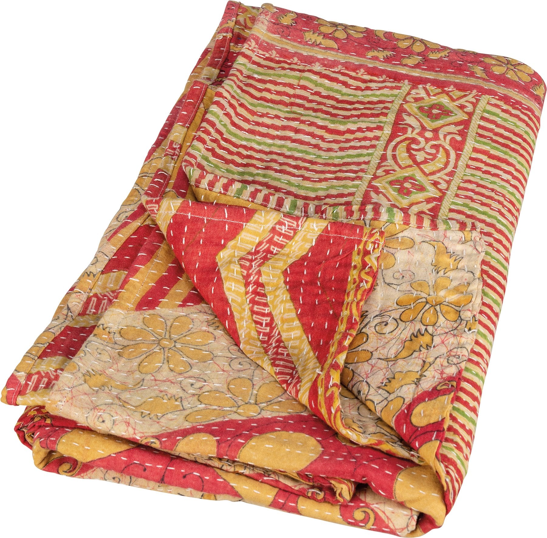 Vibrant Multi Kantha Cotton Throw Blanket - Hand-Stitched Artisan Sari Design