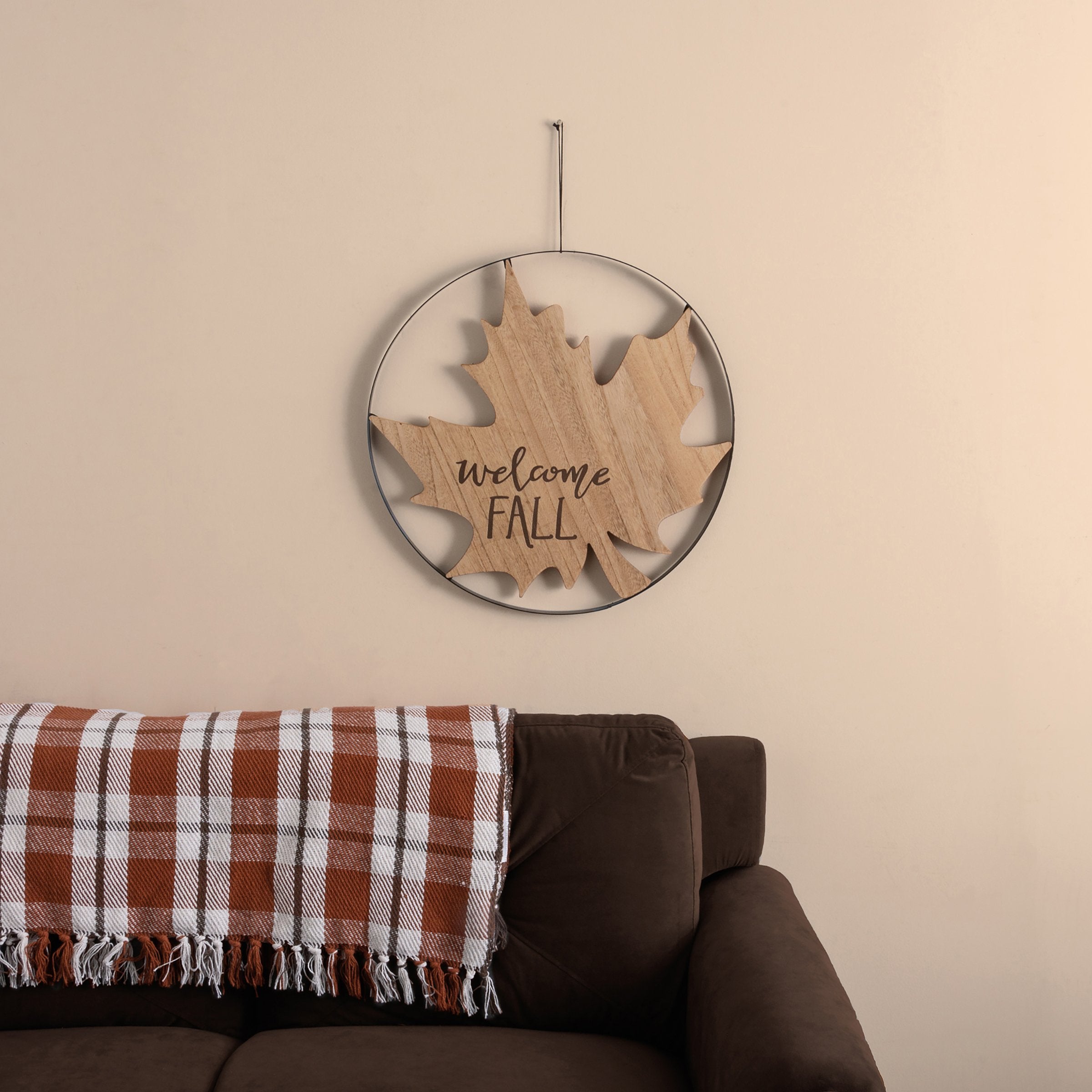 Rustic Welcome Fall Leaf Wall Decor with Faux Leather Hanger