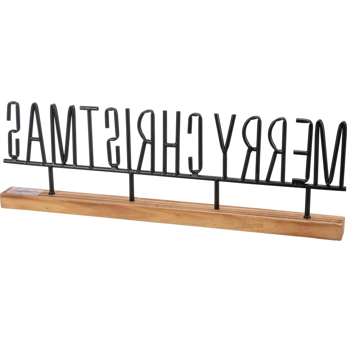 Charming Metal Merry Christmas Sitter Sign with Natural Wood Base Holiday Decor