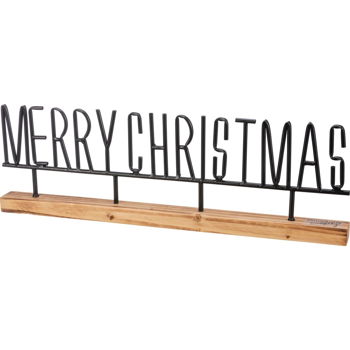 Charming Metal Merry Christmas Sitter Sign with Natural Wood Base Holiday Decor