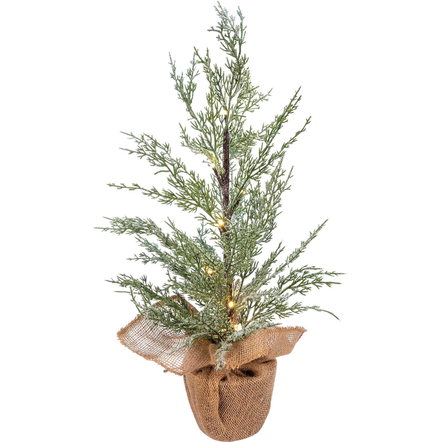 Charming Faux Potted Cedar Tree with Frosty Glow, Timer, Burlap Base