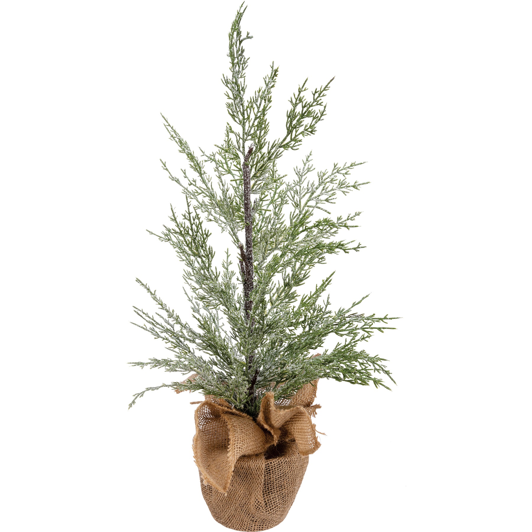 Charming Faux Potted Cedar Tree with Frosty Glow, Timer, Burlap Base