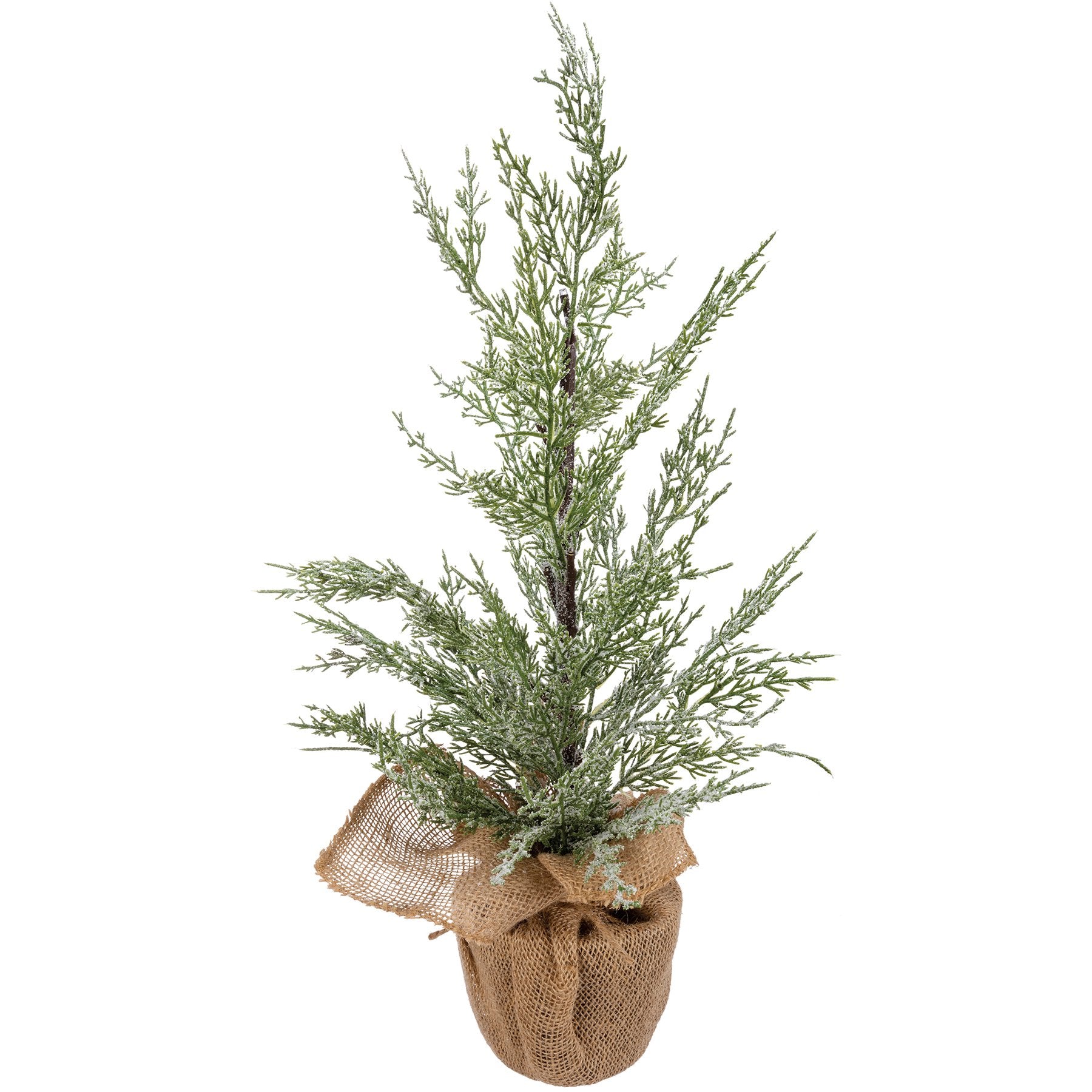 Charming Faux Potted Cedar Tree with Frosty Glow, Timer, Burlap Base