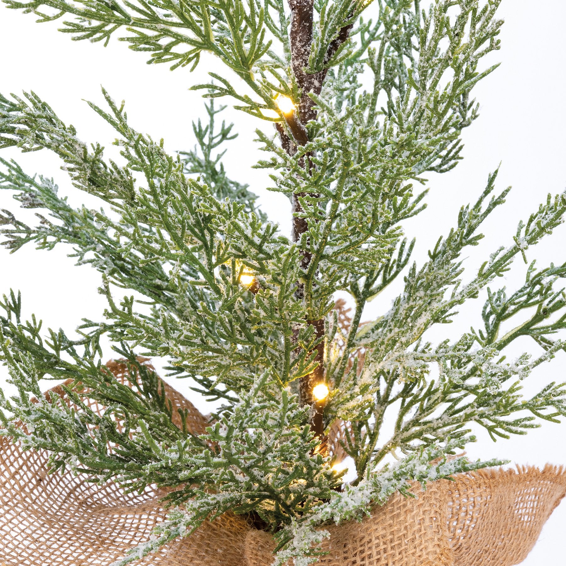 Charming Faux Potted Cedar Tree with Frosty Glow, Timer, Burlap Base