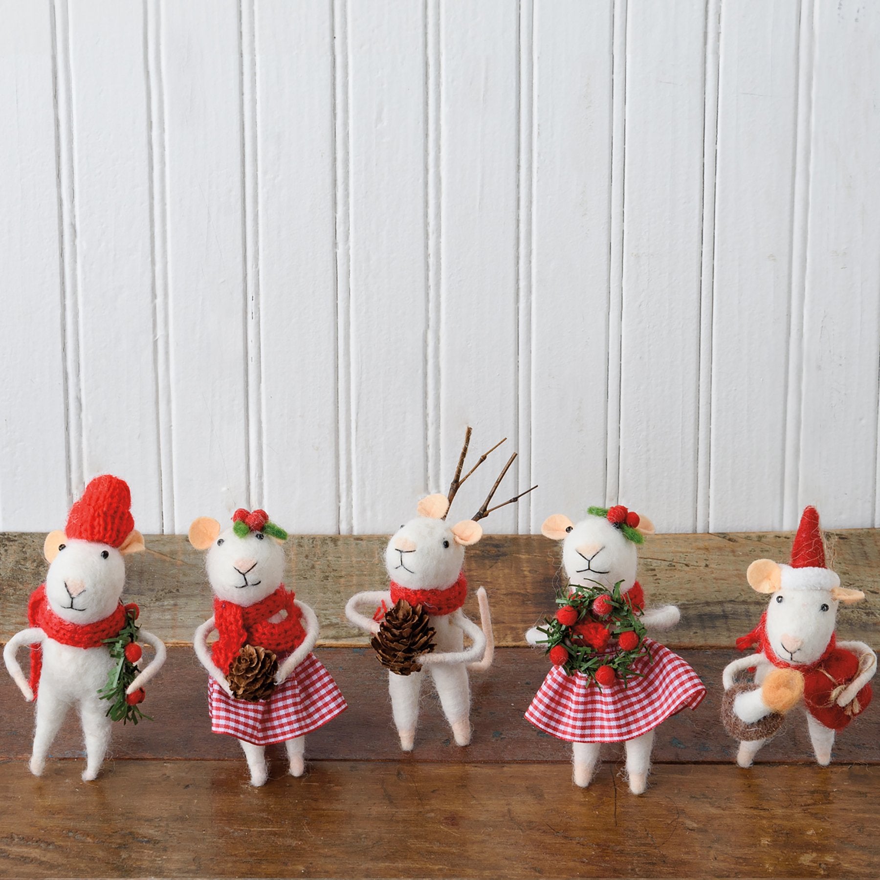 Charming Five-Piece Christmas Mice Critter Set with Festive Knit Outfits