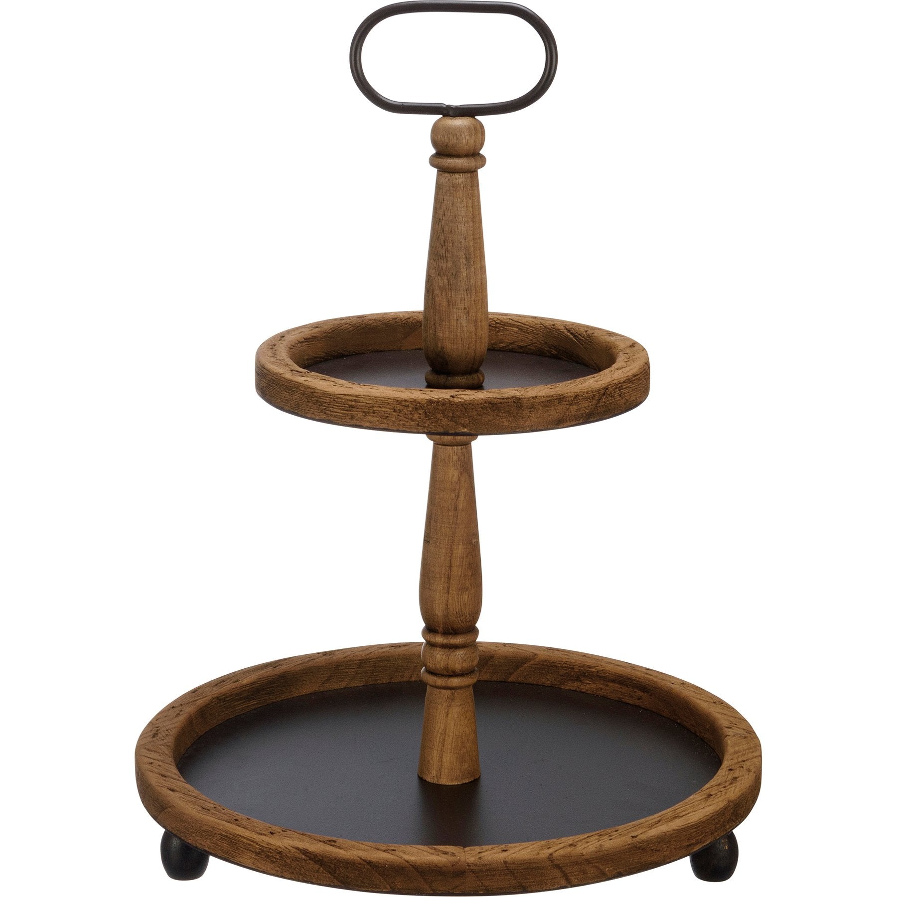 Rustic Farmhouse Two-Tiered Round Dark Wood Metal Display Tray Stand