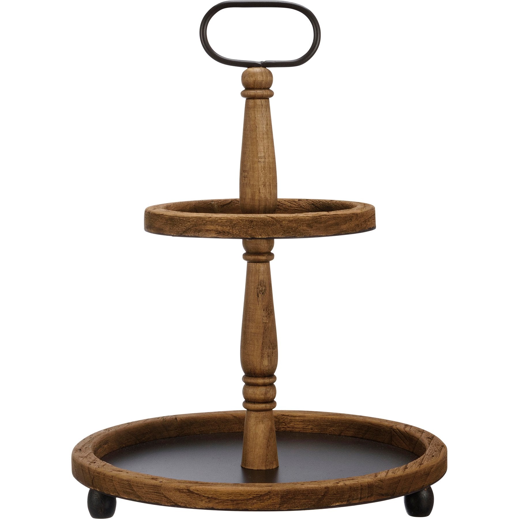 Rustic Farmhouse Two-Tiered Round Dark Wood Metal Display Tray Stand