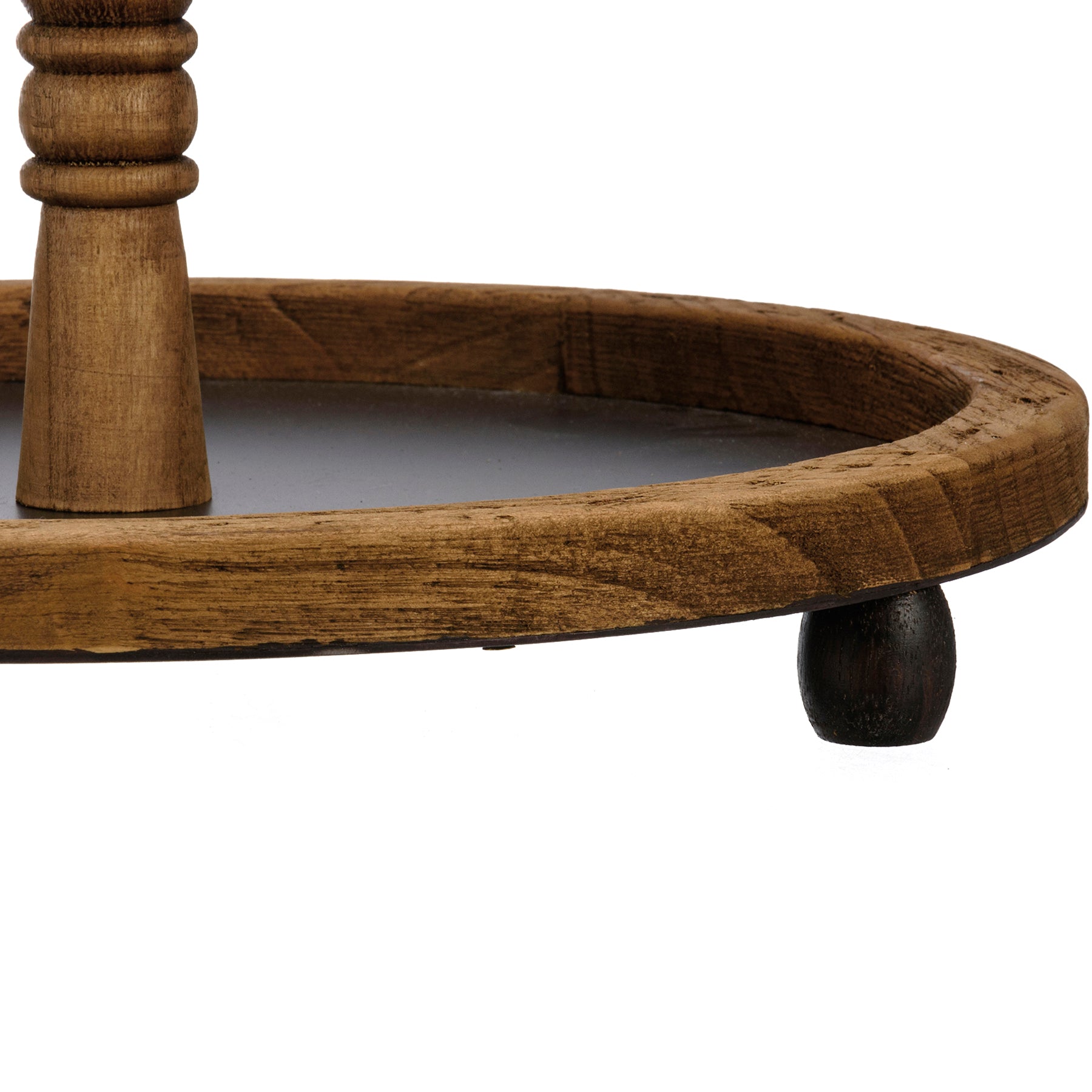 Rustic Farmhouse Two-Tiered Round Dark Wood Metal Display Tray Stand