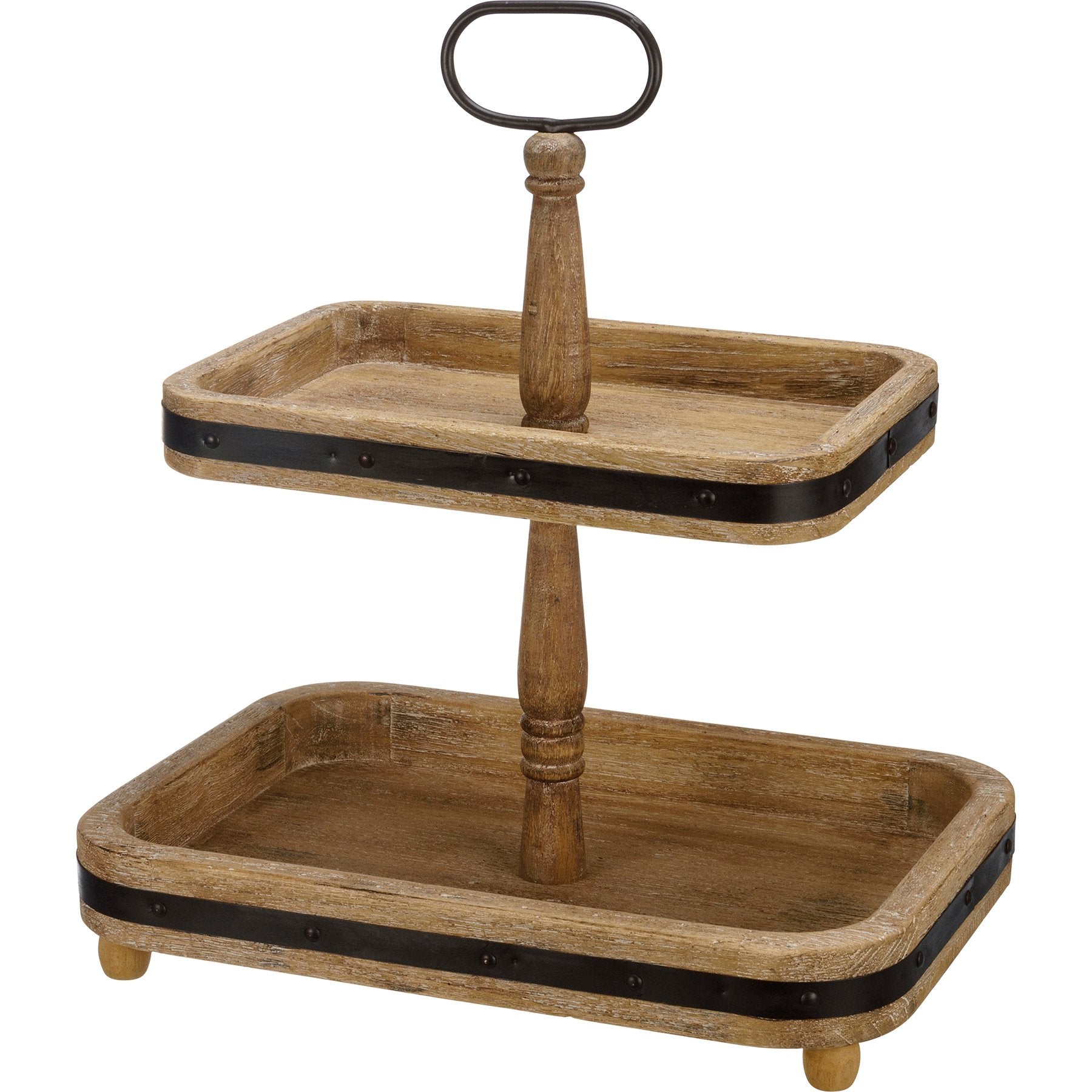 Rustic Farmhouse Decor Two-Tiered Rectangular Wood Serving Display Tray with Metal Accents