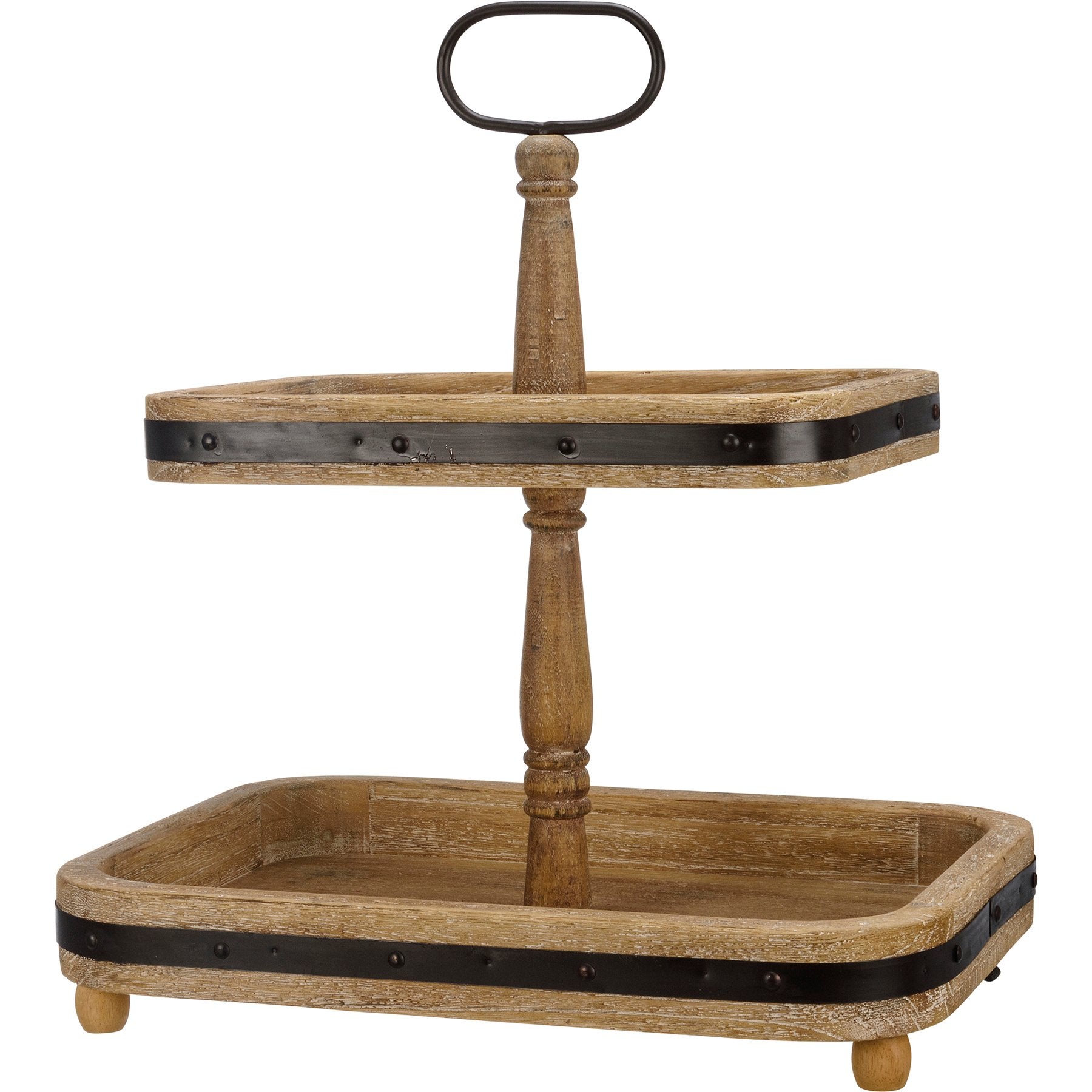 Rustic Farmhouse Decor Two-Tiered Rectangular Wood Serving Display Tray with Metal Accents