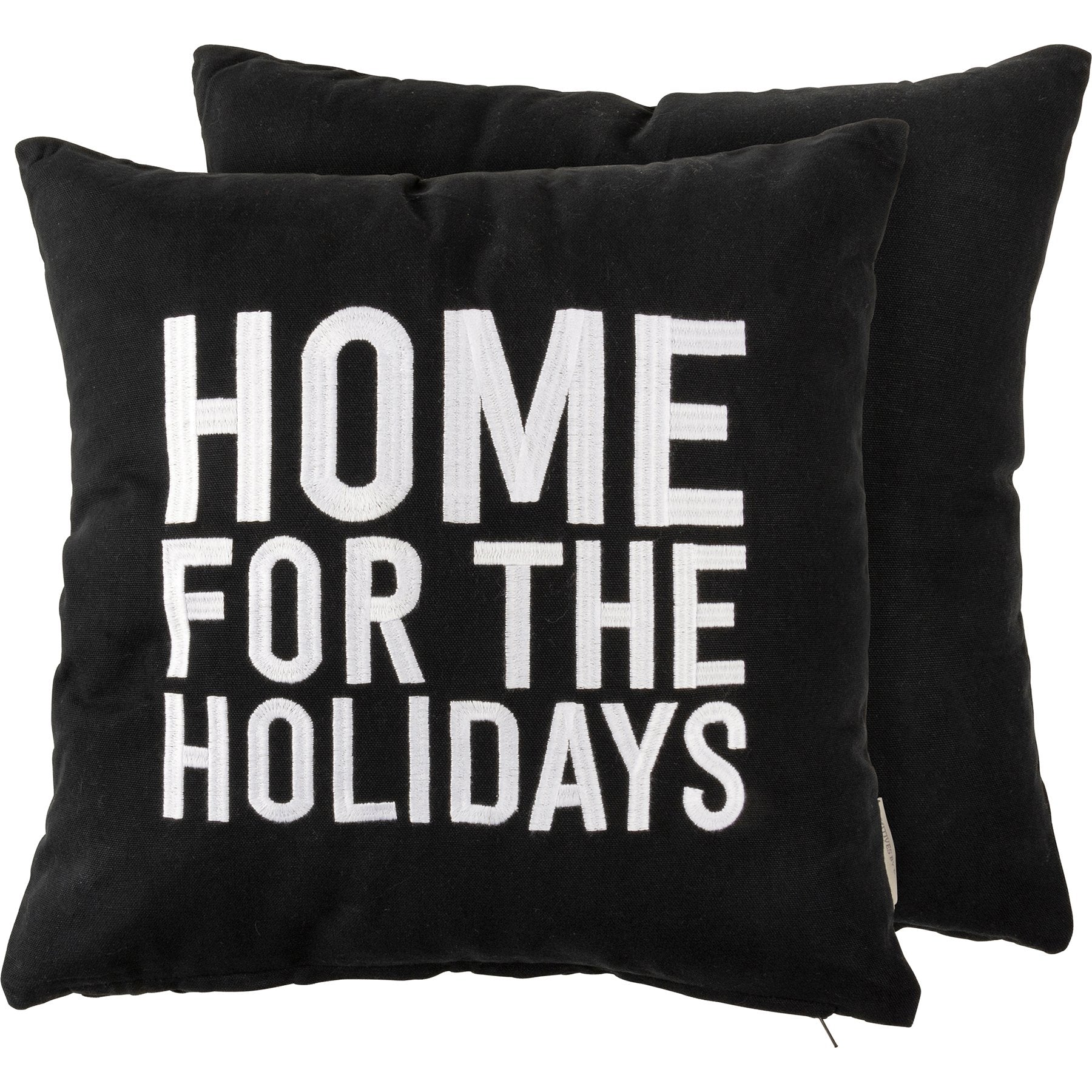 Charming Black Cotton 'Home For The Holidays' Embroidered Throw Pillow