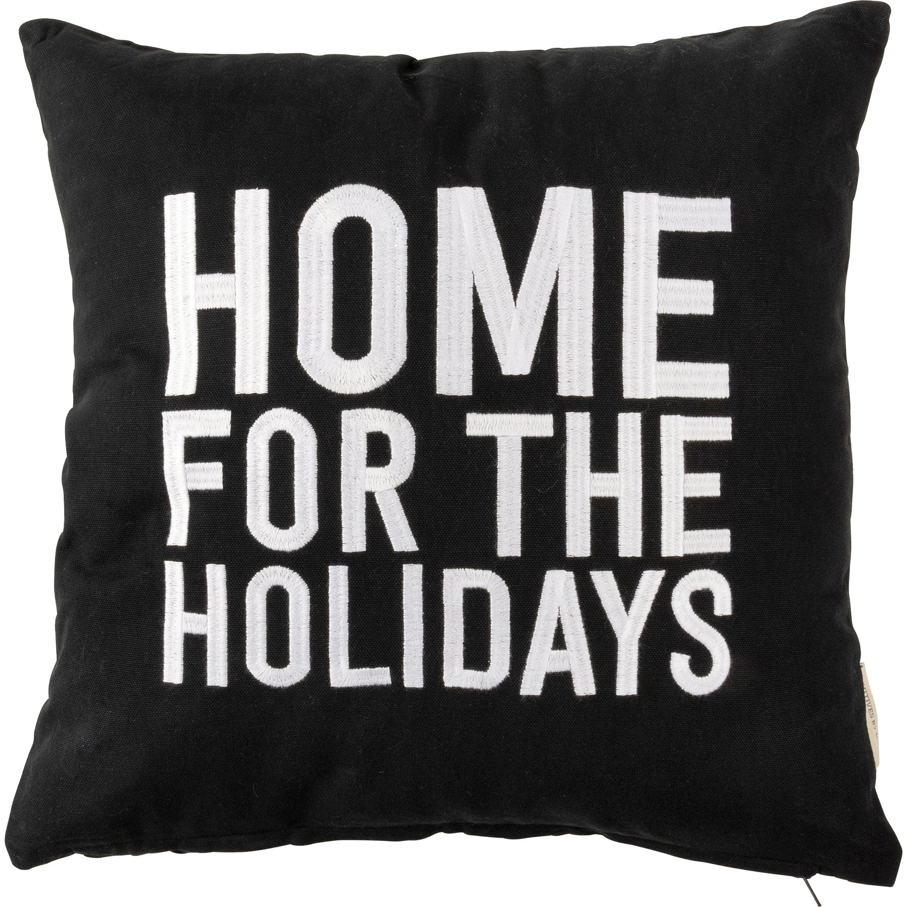 Charming Black Cotton 'Home For The Holidays' Embroidered Throw Pillow