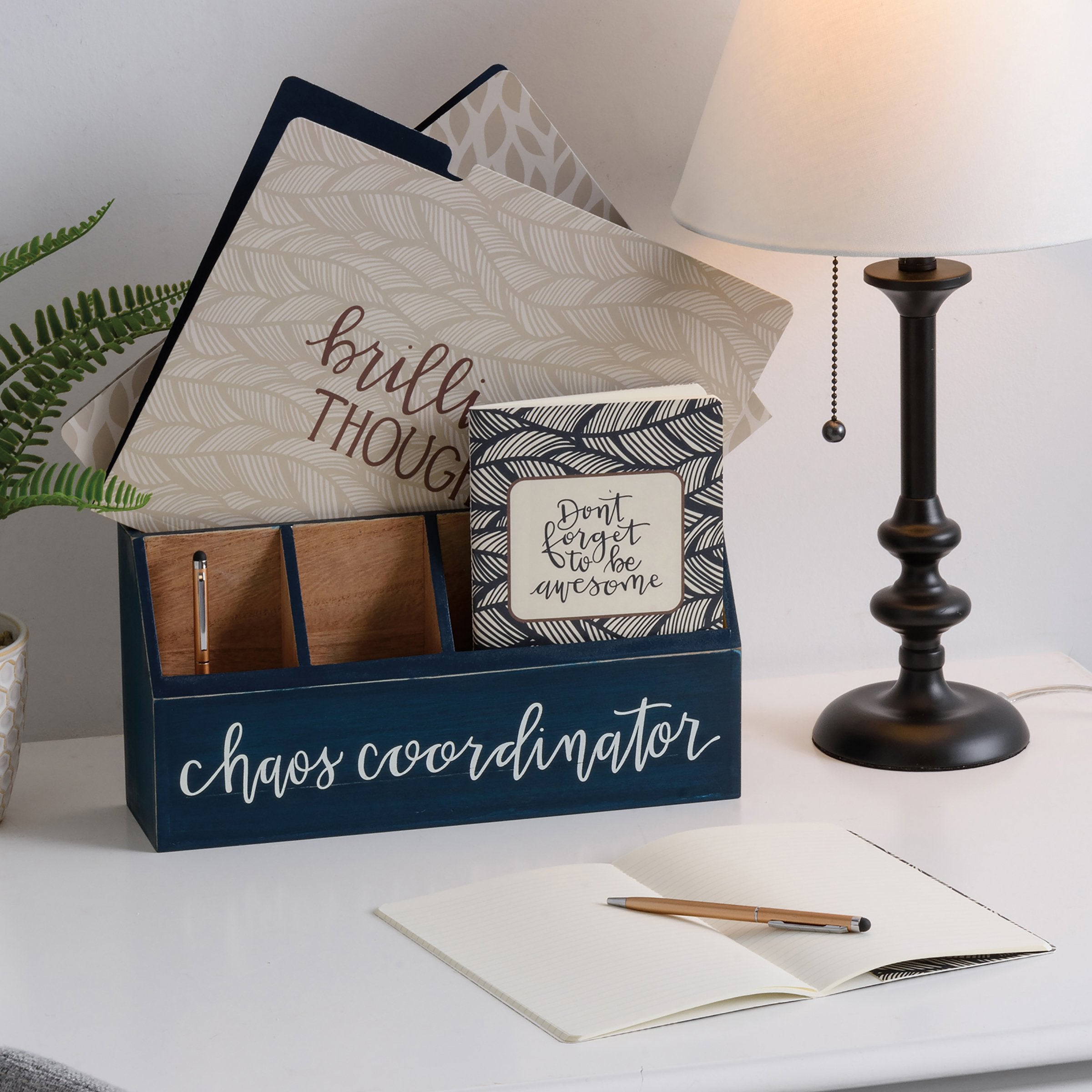 Organized Chaos Desk Set with Folders, Notebooks, Pens, and Wooden Organizer