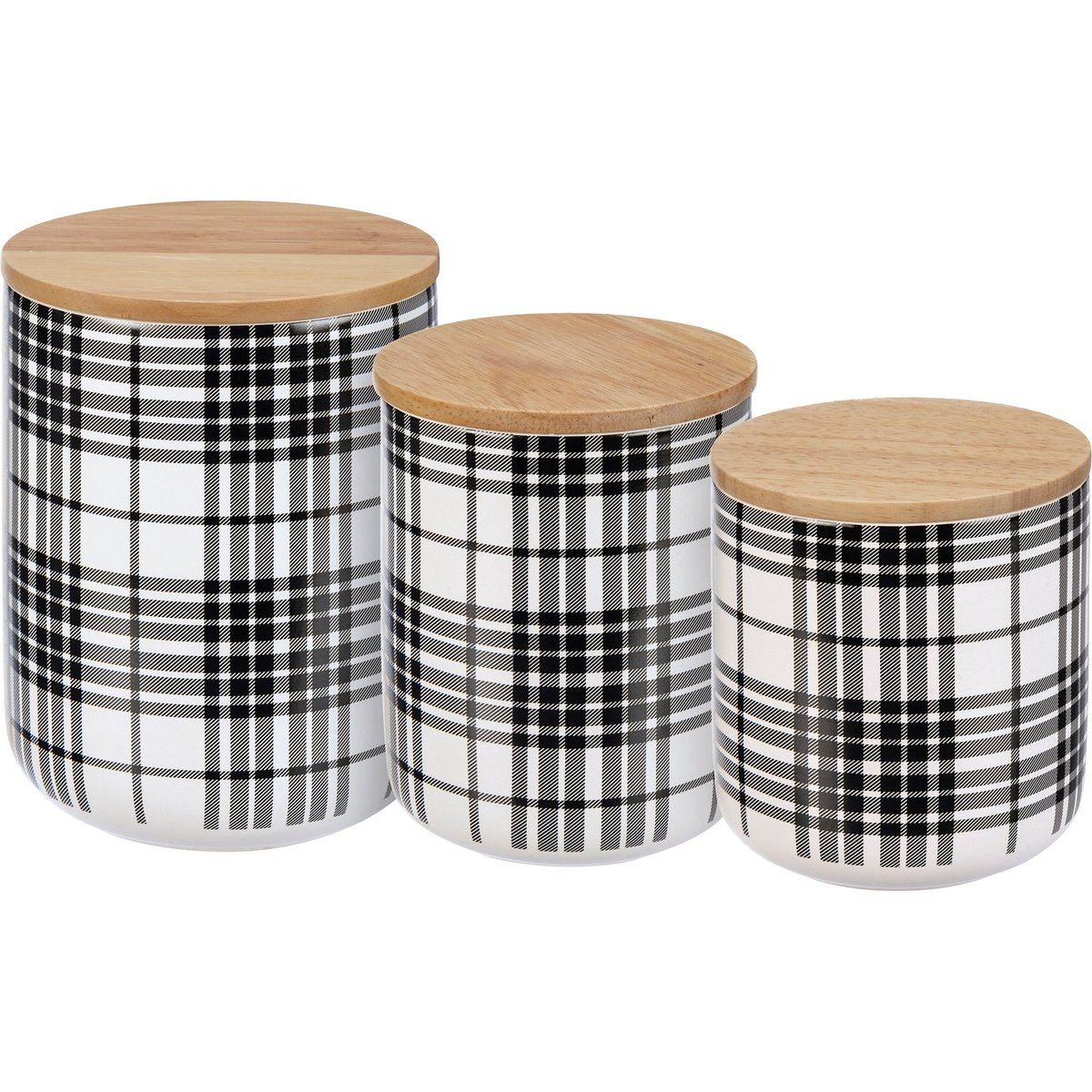 Chic Black Plaid Stoneware Kitchen Canister Set with Wood Lids for Food Storage