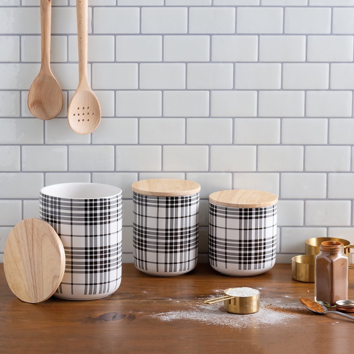 Chic Black Plaid Stoneware Kitchen Canister Set with Wood Lids for Food Storage