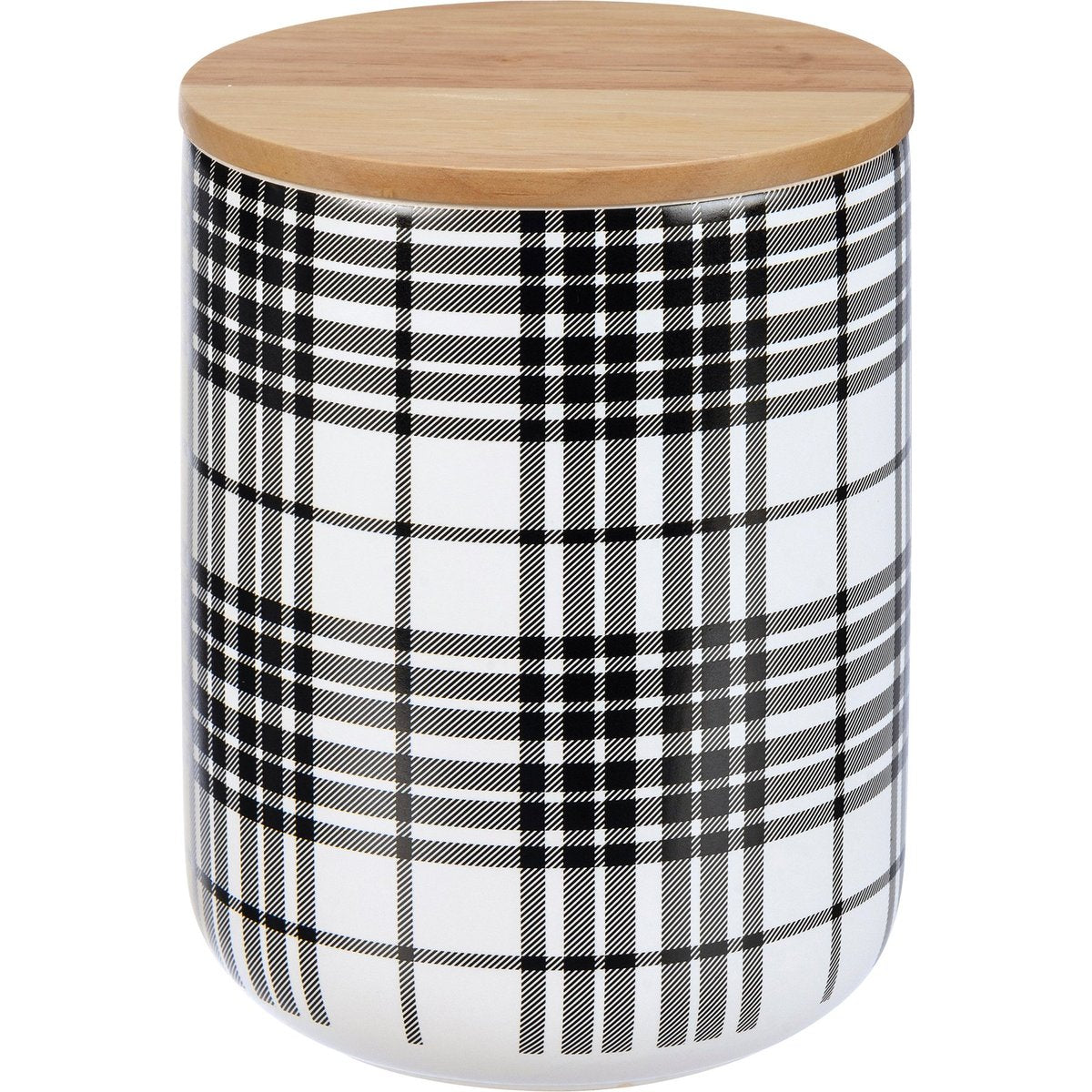 Chic Black Plaid Stoneware Kitchen Canister Set with Wood Lids for Food Storage