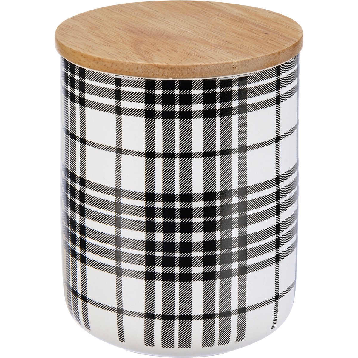 Chic Black Plaid Stoneware Kitchen Canister Set with Wood Lids for Food Storage