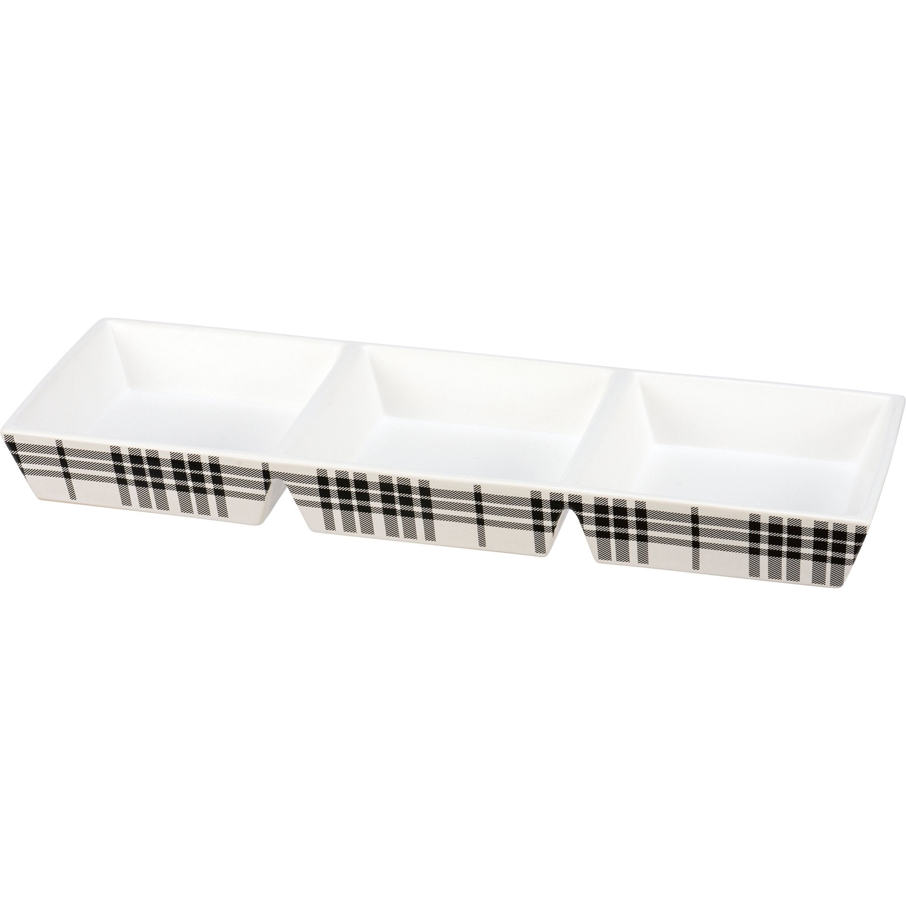 Stylish Black Plaid Stoneware Tidbit Tray, Three Section Appetizer Serving Dish