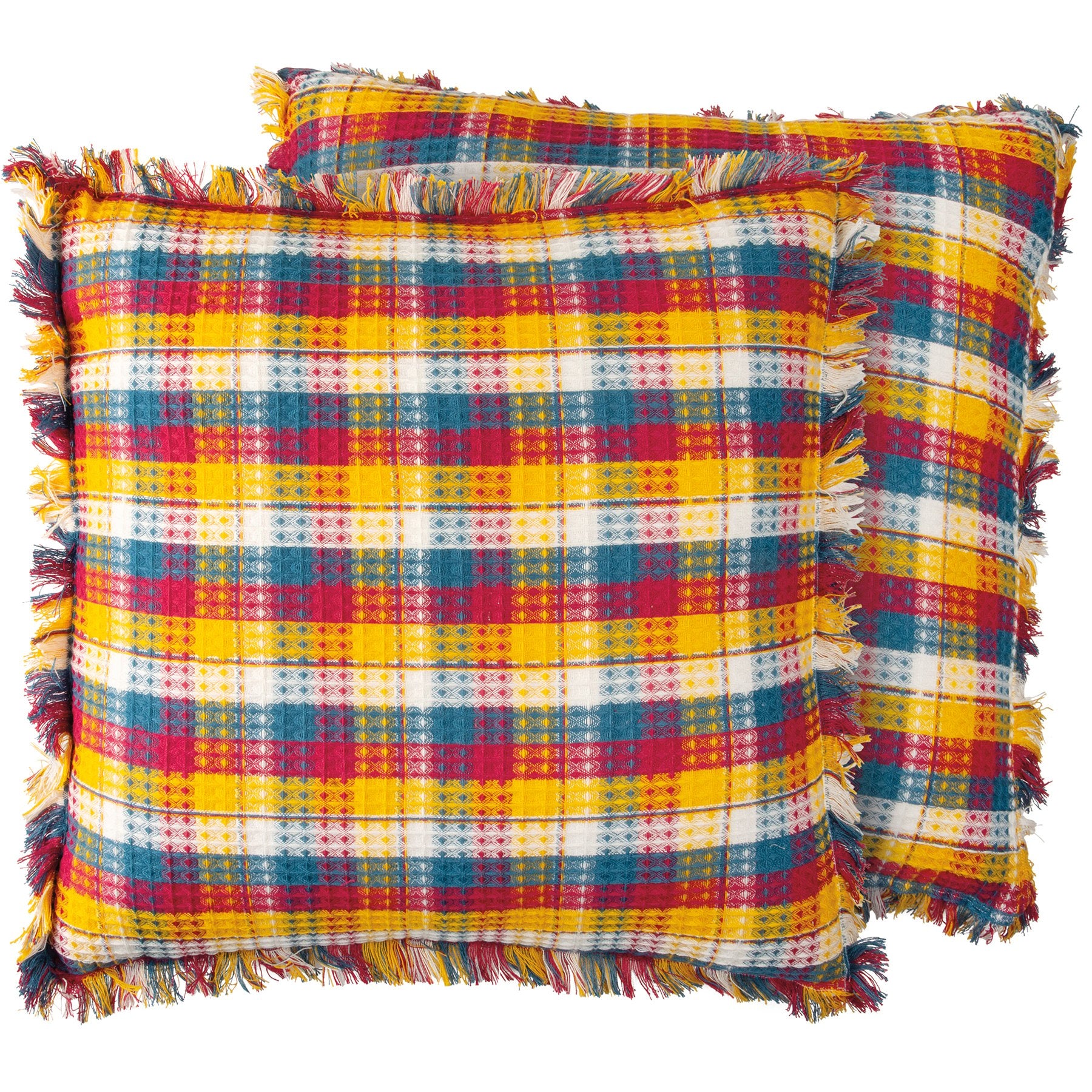 Cozy Plaid Throw Pillow with Fringe – Yellow, Pink, Blue, Cream