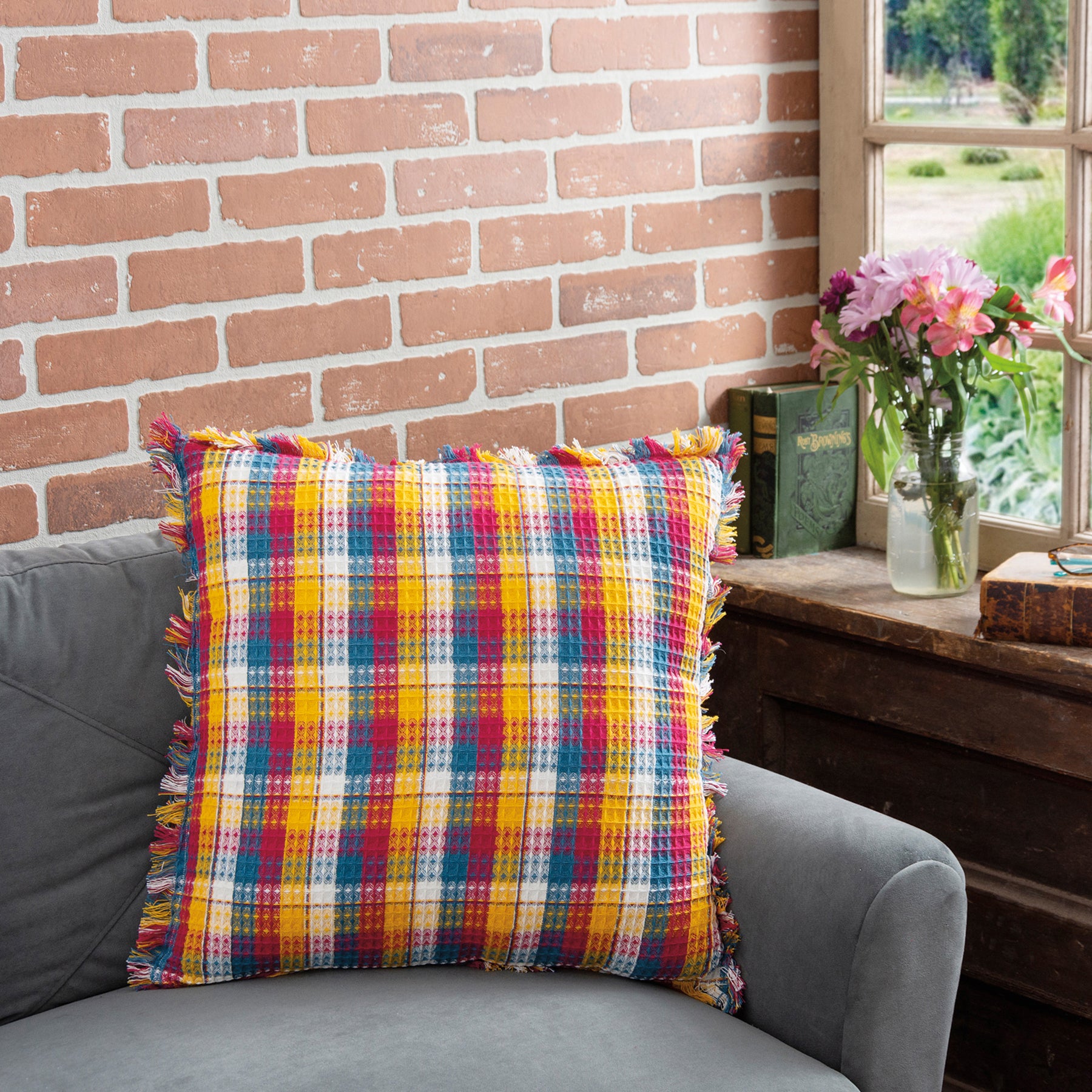 Cozy Plaid Throw Pillow with Fringe – Yellow, Pink, Blue, Cream