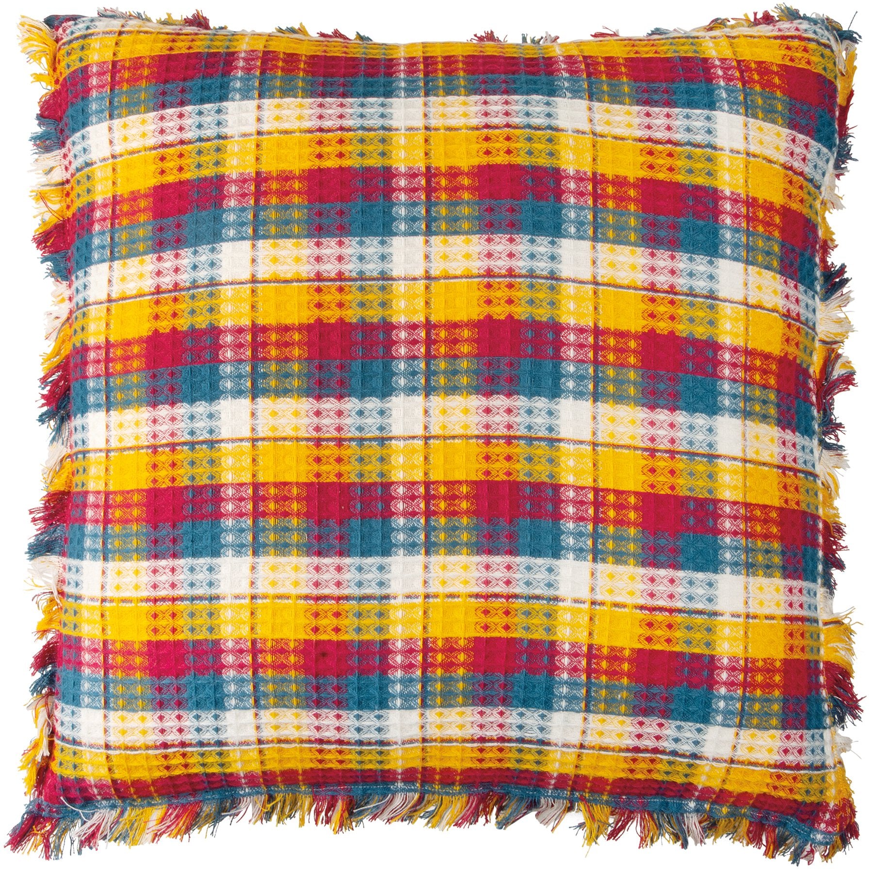 Cozy Plaid Throw Pillow with Fringe – Yellow, Pink, Blue, Cream