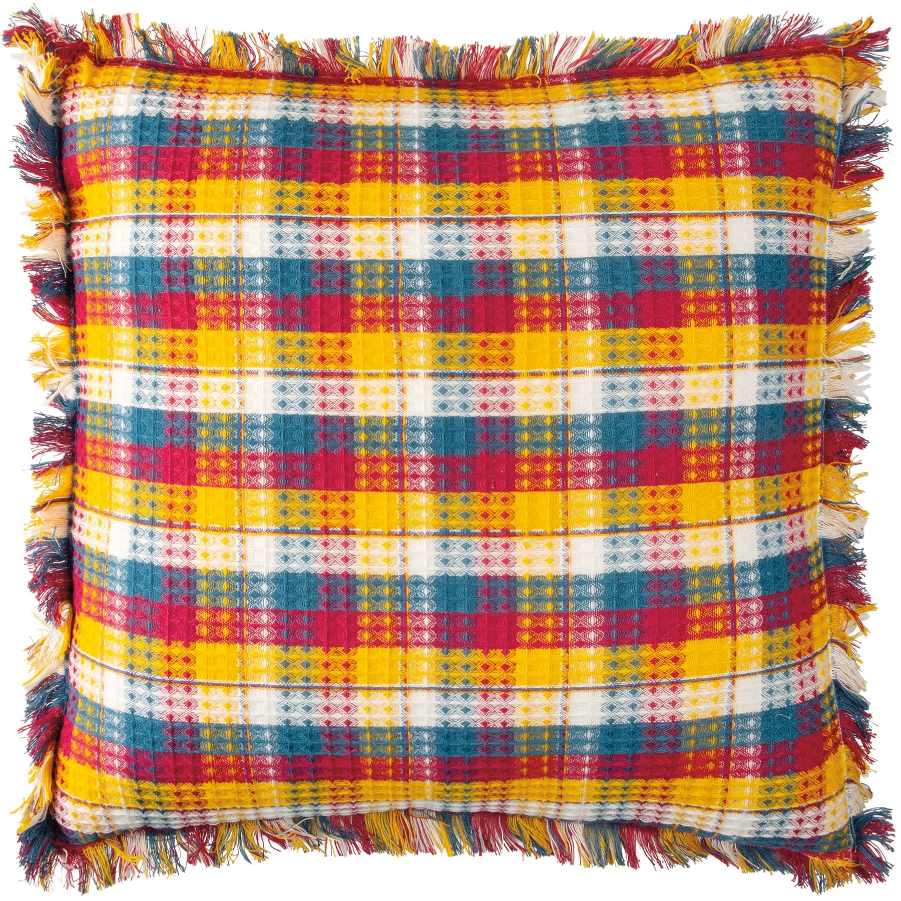 Cozy Plaid Throw Pillow with Fringe – Yellow, Pink, Blue, Cream