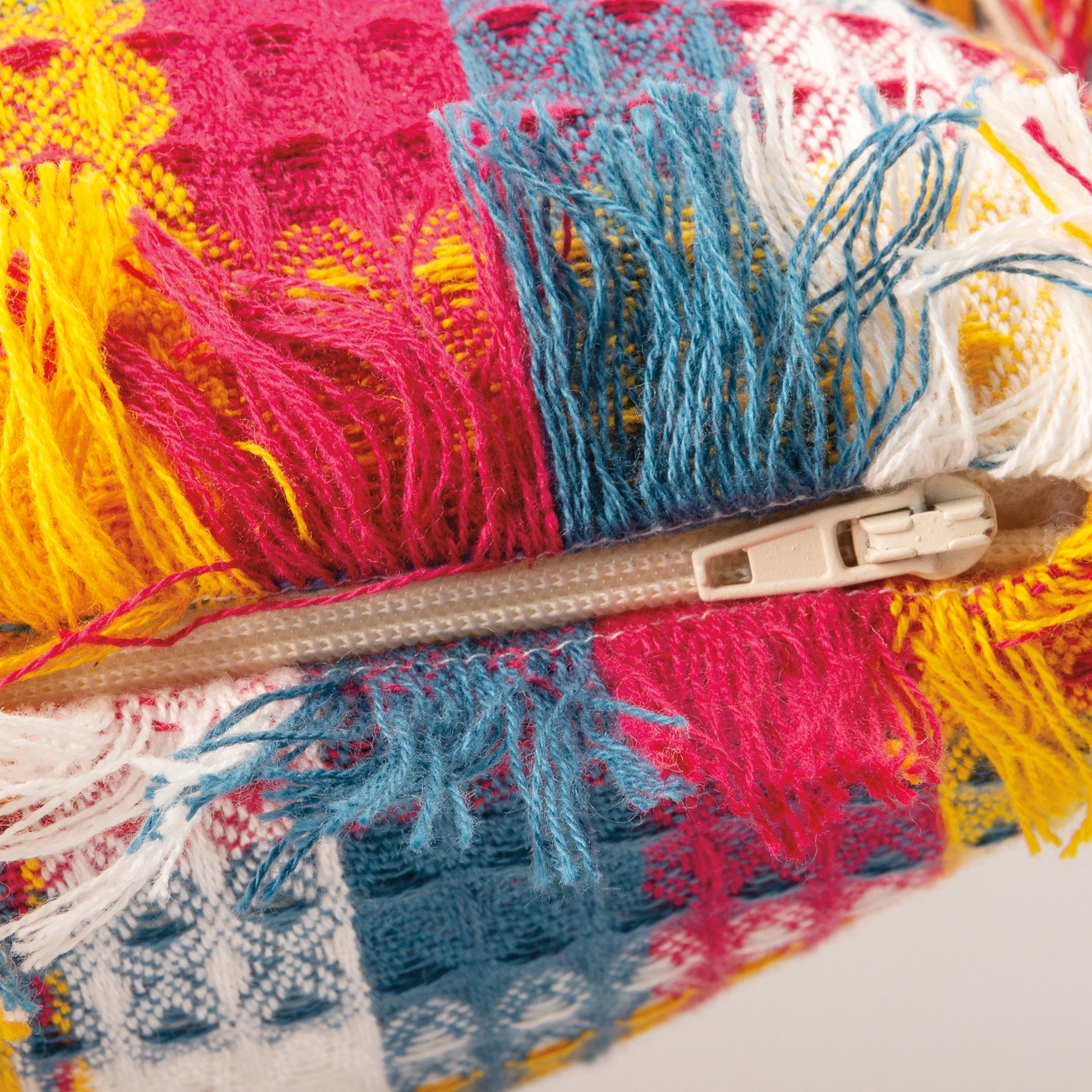 Cozy Plaid Throw Pillow with Fringe – Yellow, Pink, Blue, Cream