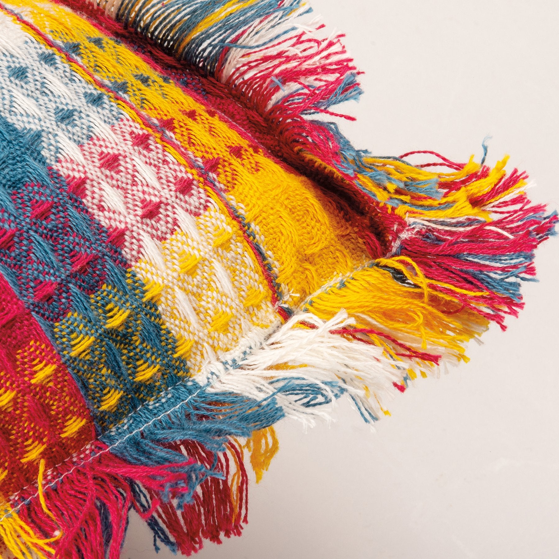 Cozy Plaid Throw Pillow with Fringe – Yellow, Pink, Blue, Cream