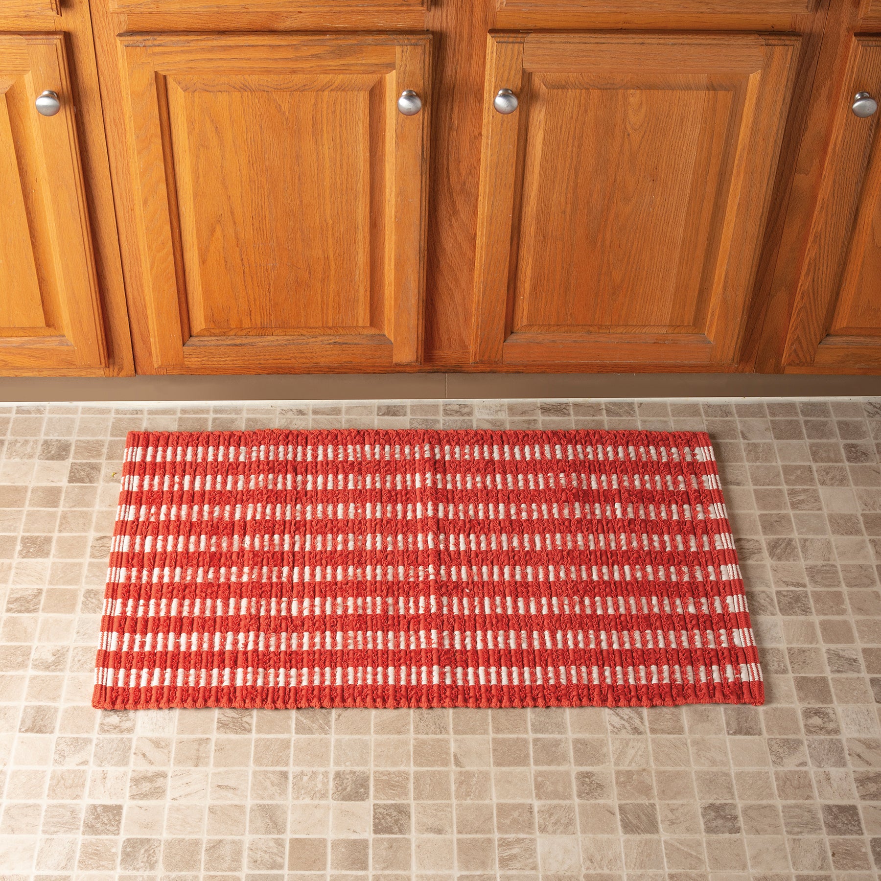 Vibrant Orange Striped Cotton Area Rug with Non-Skid Backing for Home Decor