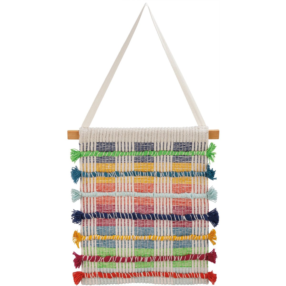 Vibrant Plaid Woven Wall Decor with Fringe and Wooden Rod - 13x15 Inches