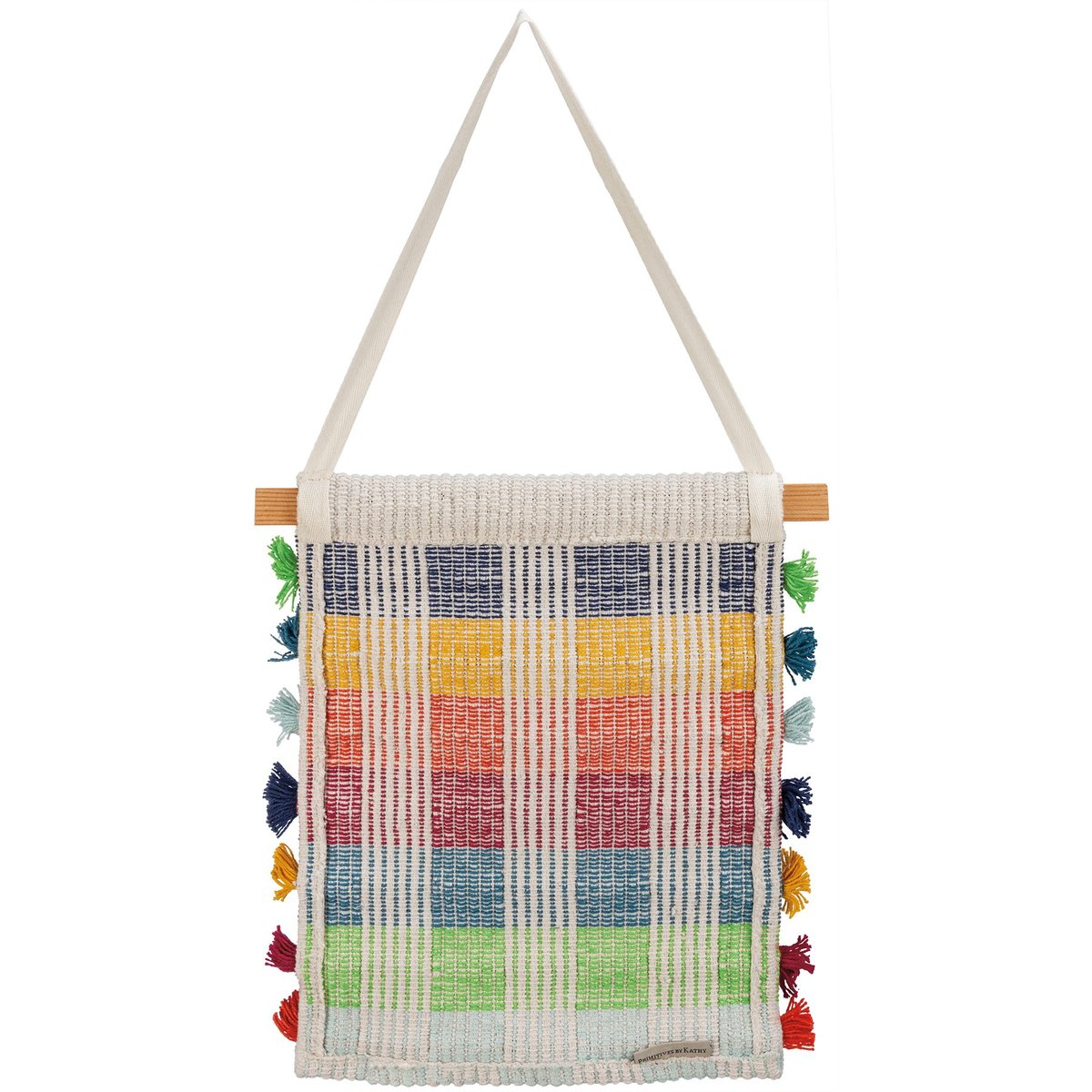 Vibrant Plaid Woven Wall Decor with Fringe and Wooden Rod - 13x15 Inches