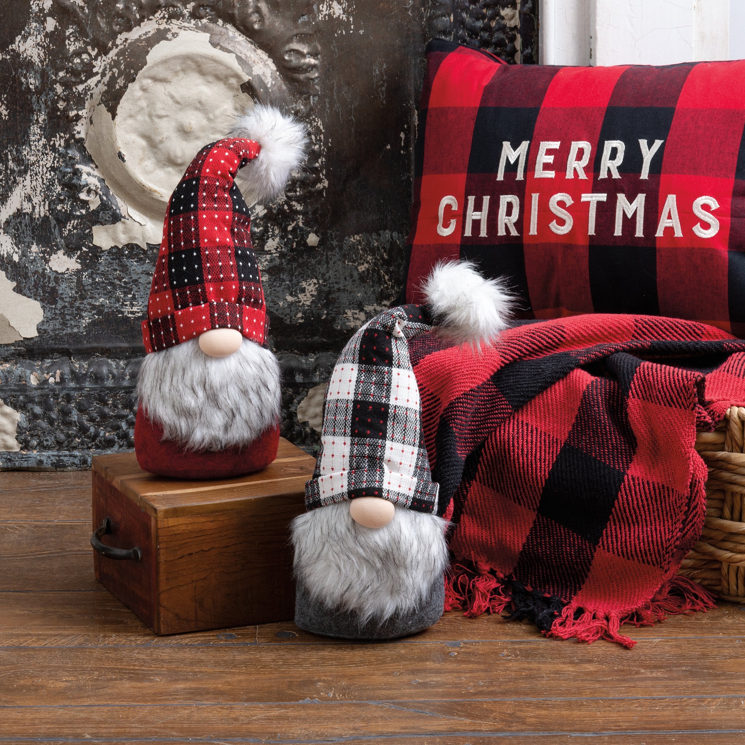 Charming Large Weighted Plaid Christmas Gnome Sitter Set - Festive Holiday Decor