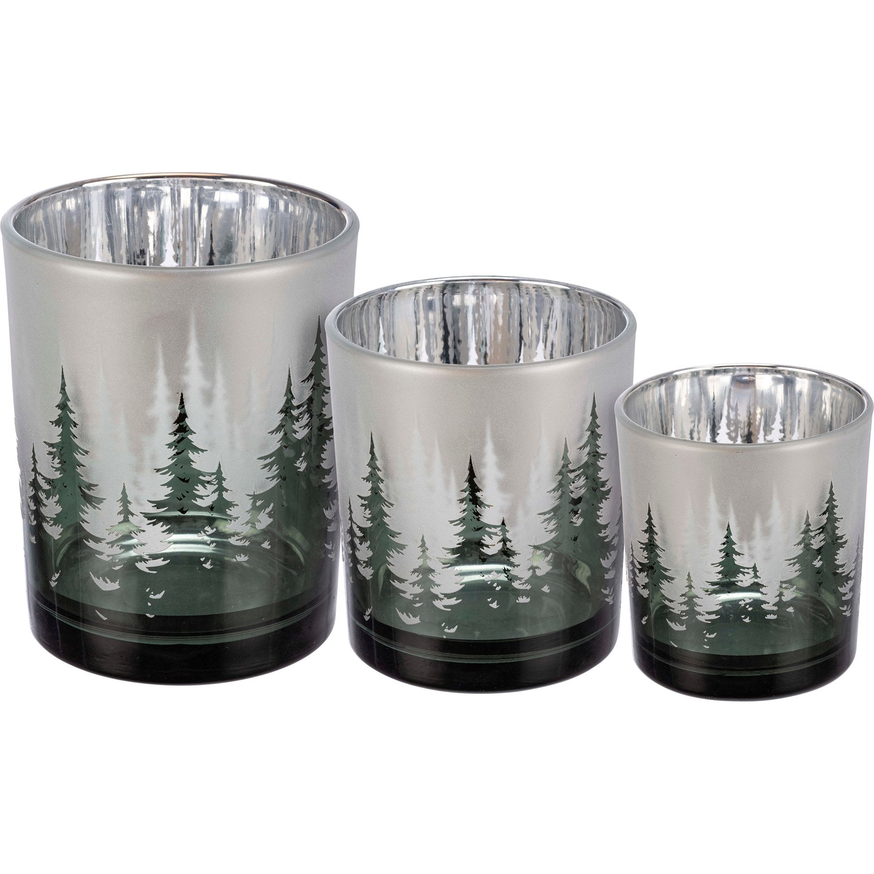 Set of Three Glass Evergreen Tree Candle Holders - Metallic Winter Decor