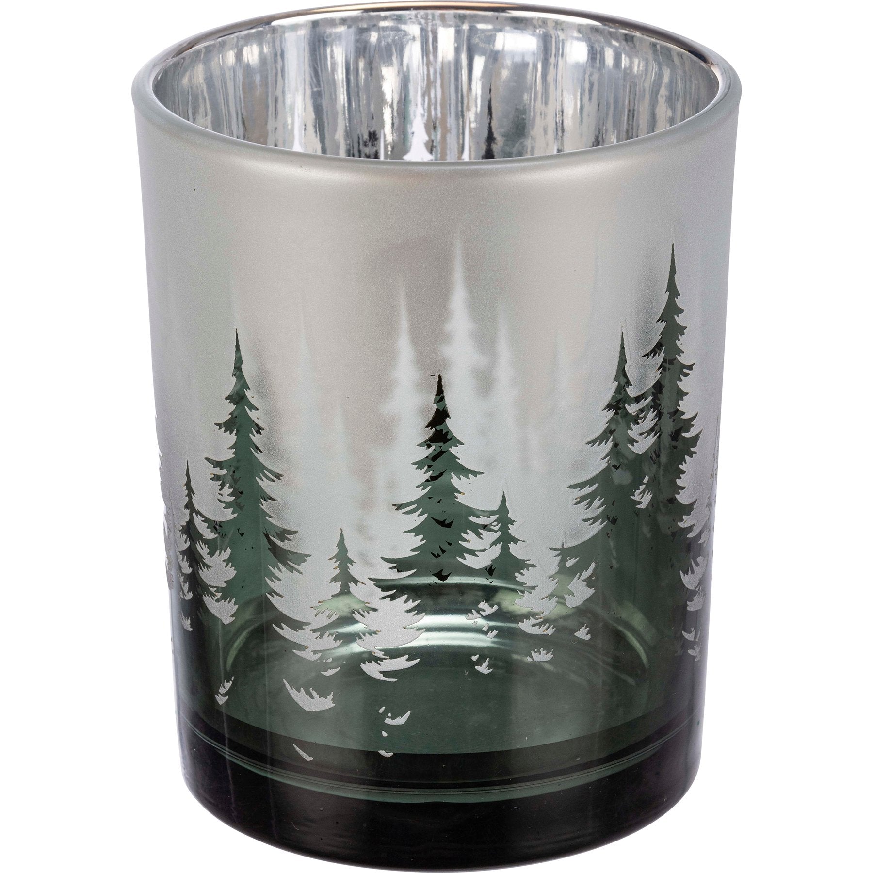 Set of Three Glass Evergreen Tree Candle Holders - Metallic Winter Decor