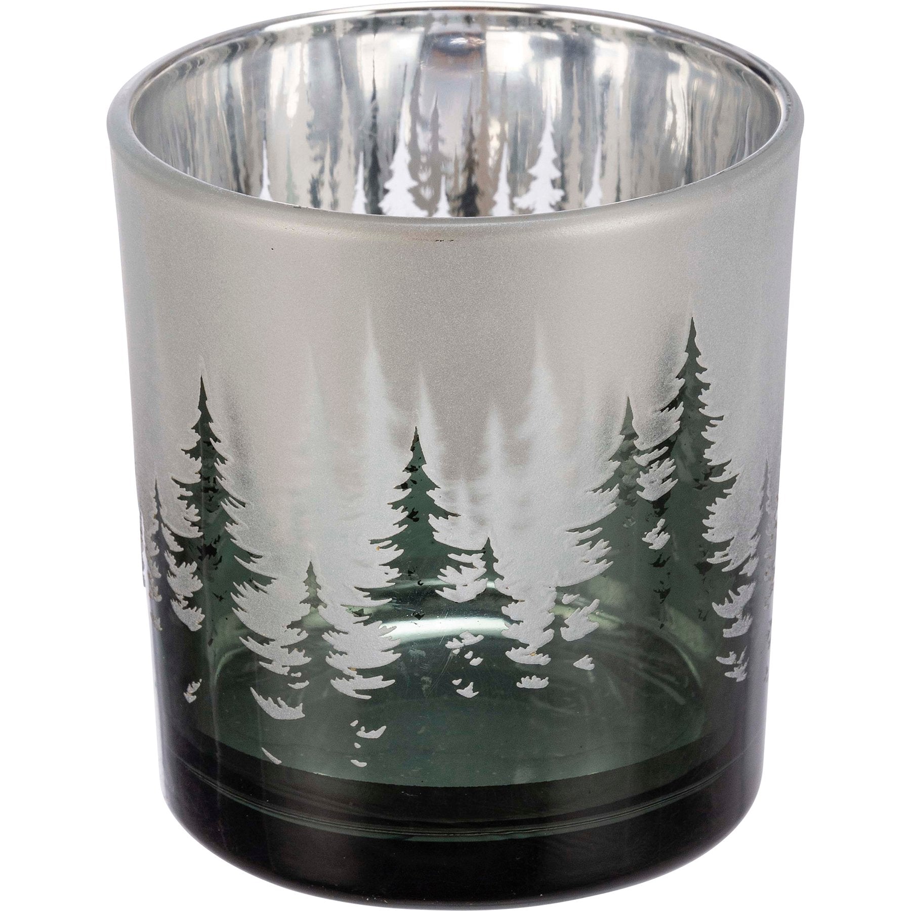 Set of Three Glass Evergreen Tree Candle Holders - Metallic Winter Decor