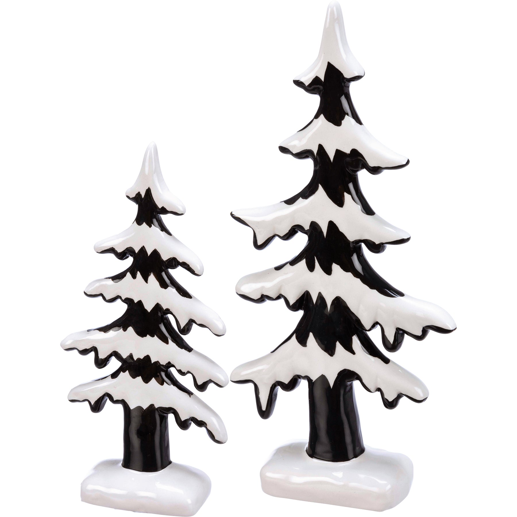 Wintry Black & White Ceramic Snowy Trees Figurine Set - Festive Home Decor