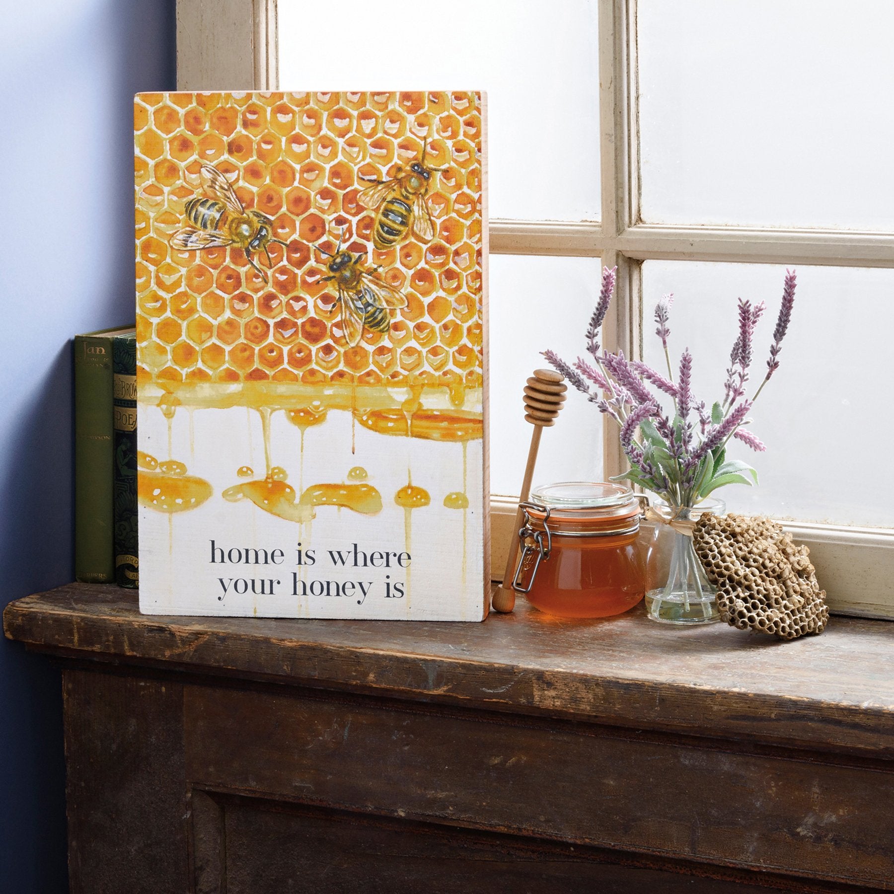 “Home Is Where Your Honey Is” Bee & Honeycomb Wooden Box Sign Decor