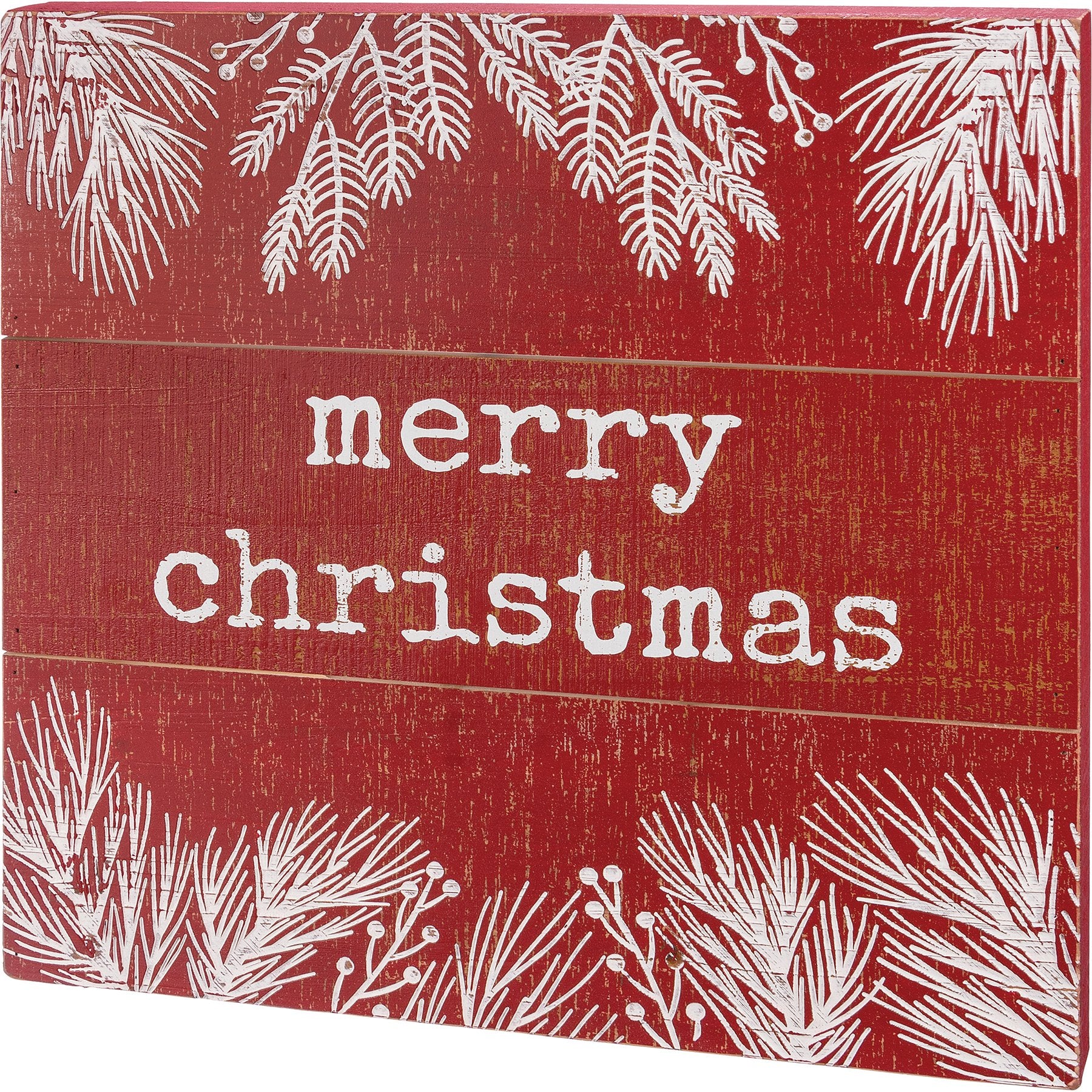 Rustic Nordic Merry Christmas Wooden Slat Box Sign with Holly & Evergreen Decor