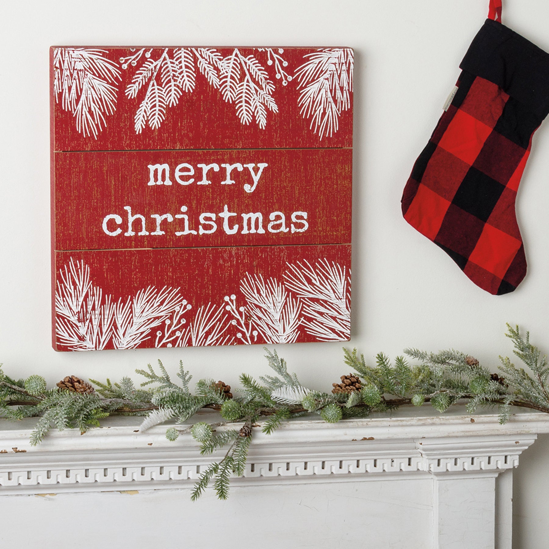 Rustic Nordic Merry Christmas Wooden Slat Box Sign with Holly & Evergreen Decor