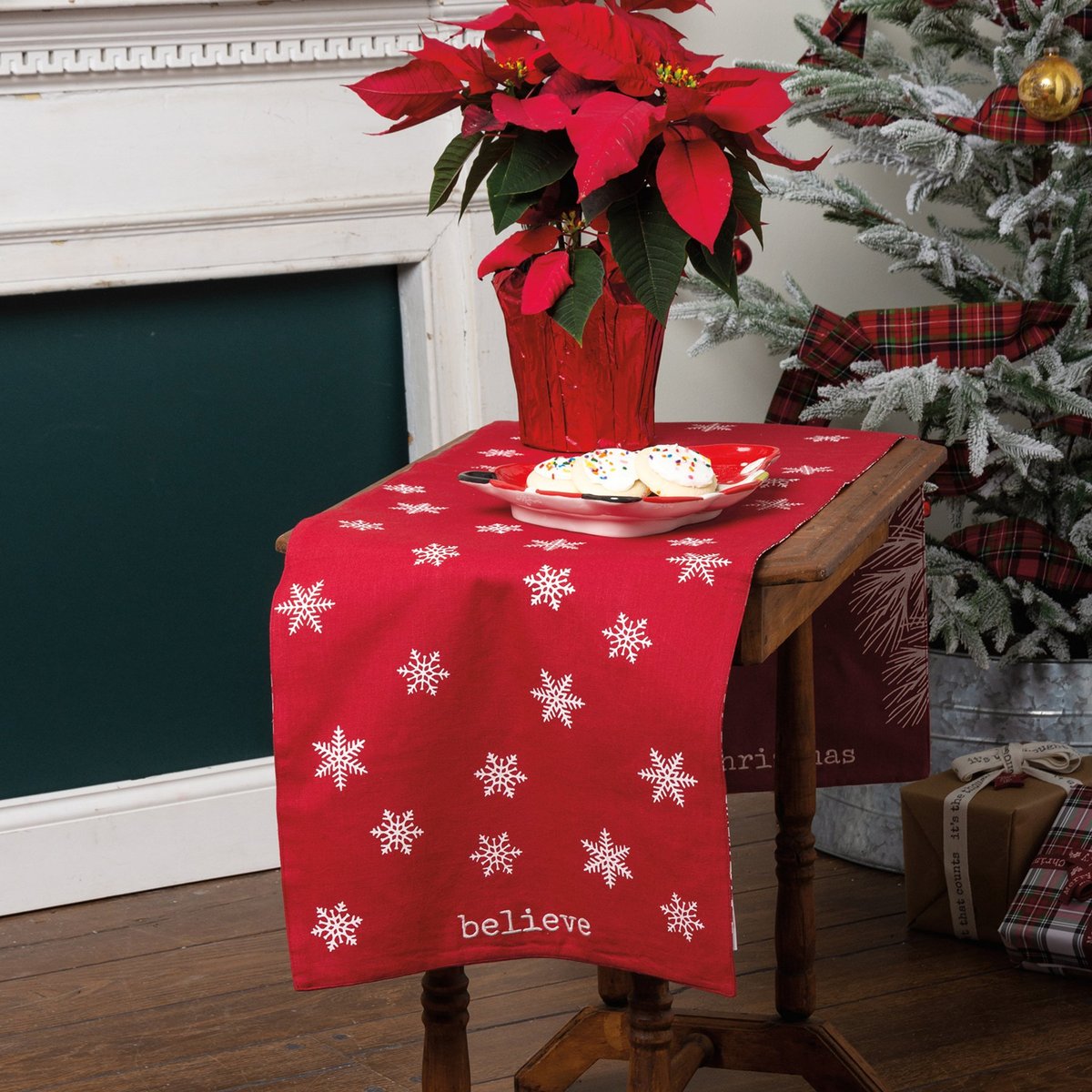 Festive Double-Sided Nordic Christmas Table Runner with Snowflake & Pine Branch Design