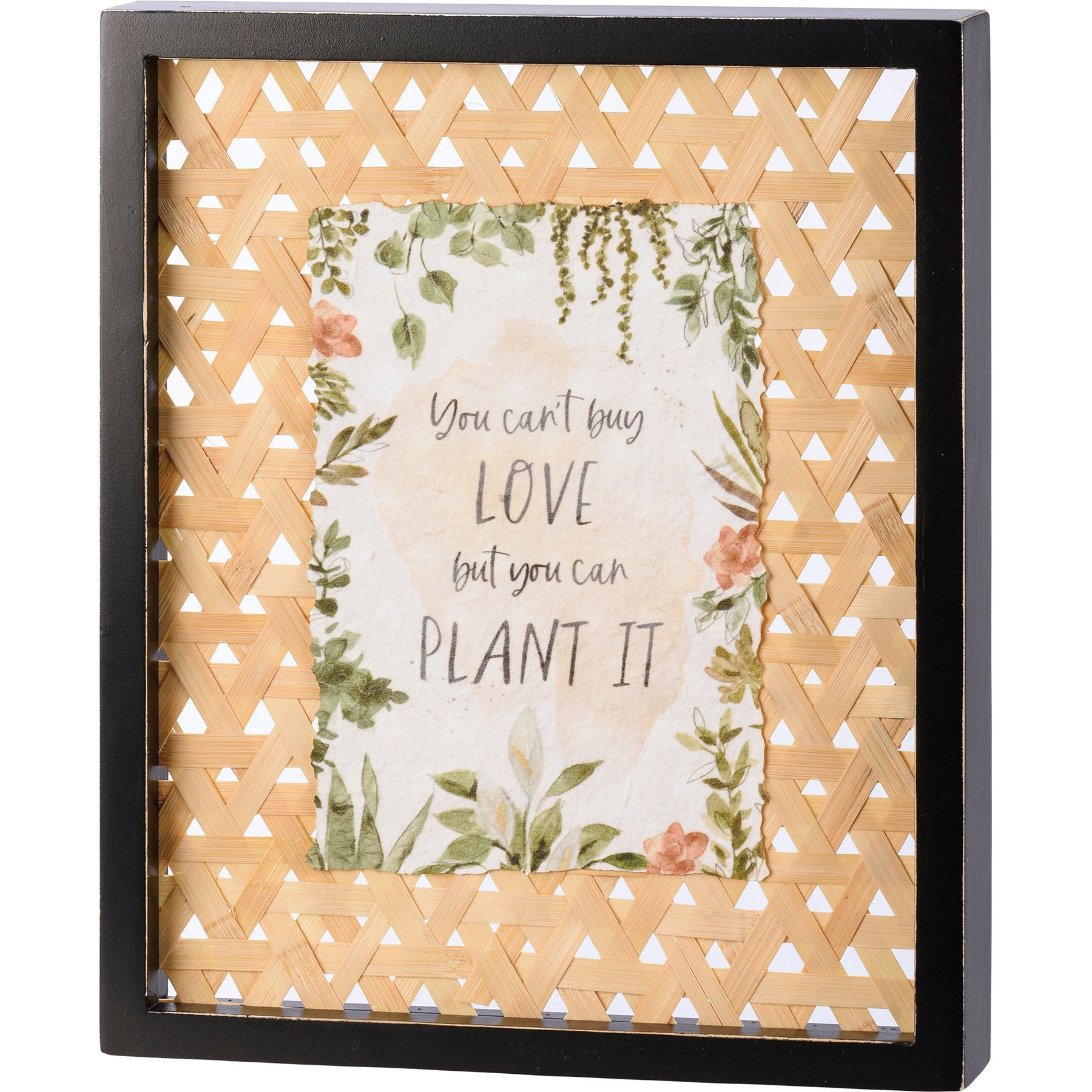 Rustic 'Can't Buy Love But Plant It' Watercolor Box Sign, Rattan Back Wood Decor