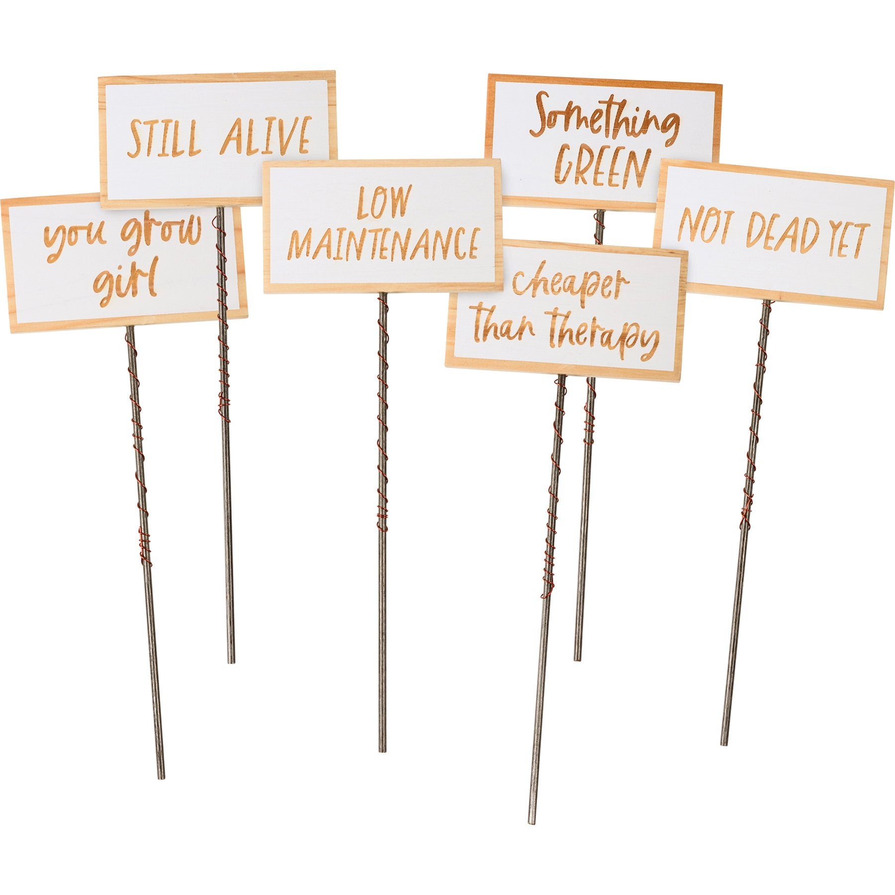 Six Humorous Garden Plant Marker Picks - Metal & Wood Sentiments Set