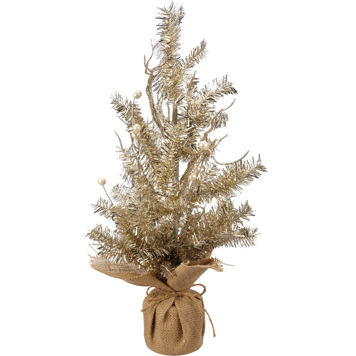 Charming Small Gold Champagne Tinsel Christmas Tree with Rustic Burlap Base